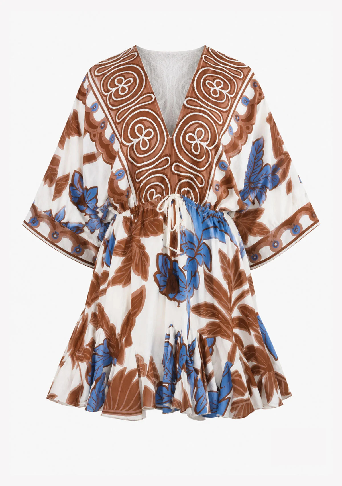 3/4 Dolman Sleeve Tie Front Waisted Border Printed Mini Dress