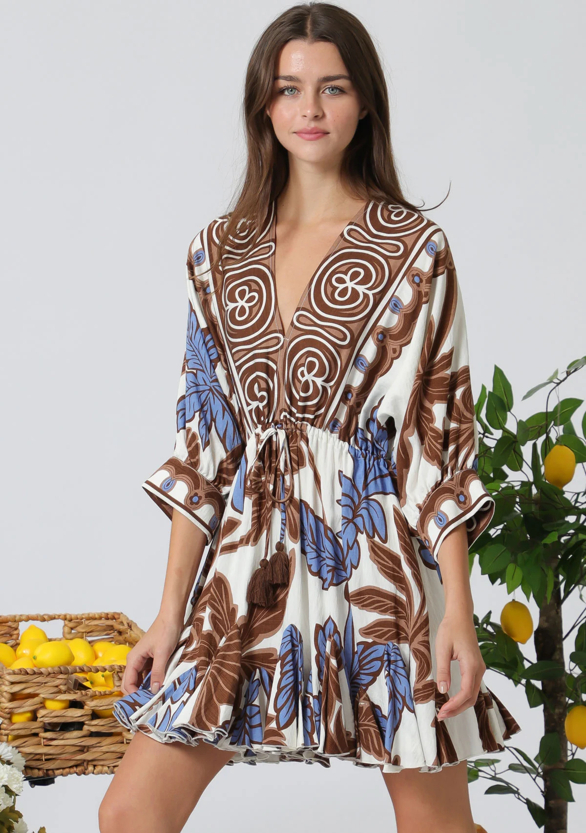 3/4 Dolman Sleeve Tie Front Waisted Border Printed Mini Dress - Image 2