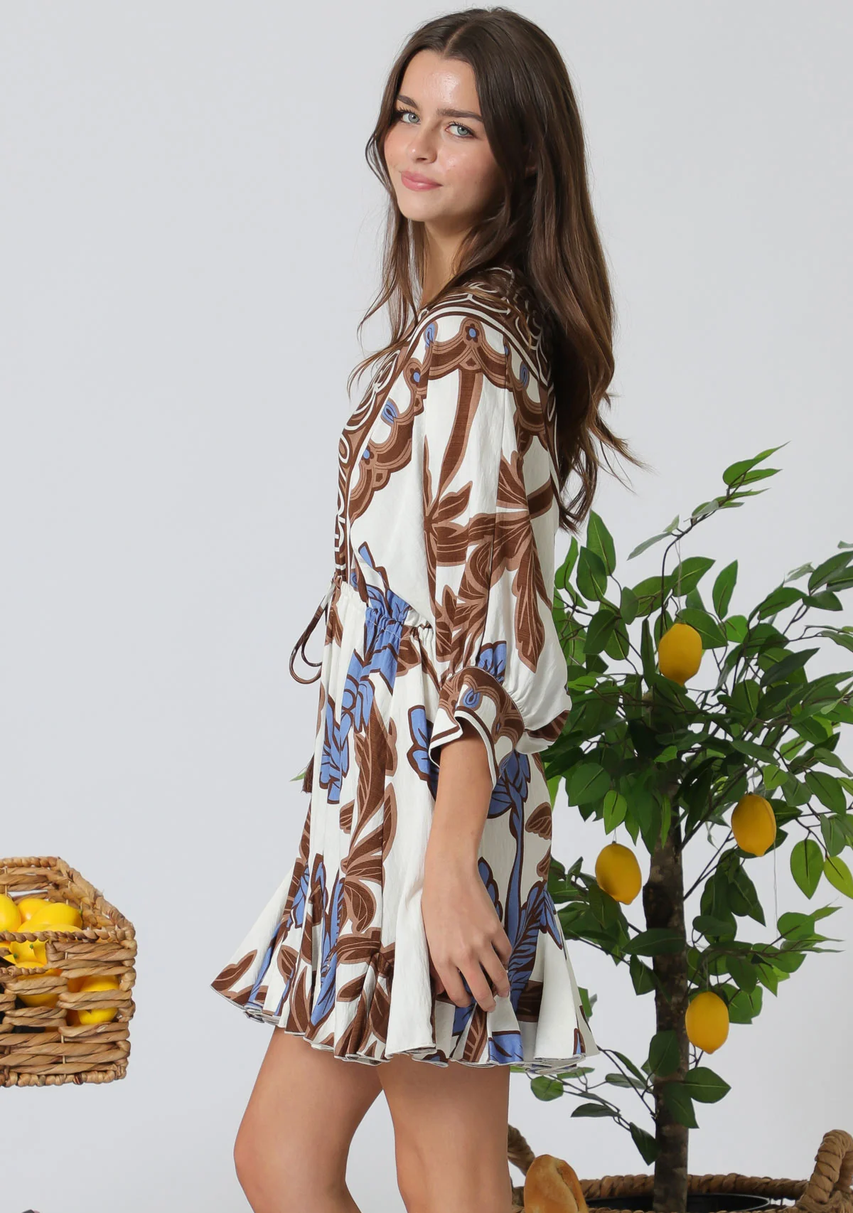 3/4 Dolman Sleeve Tie Front Waisted Border Printed Mini Dress - Image 3