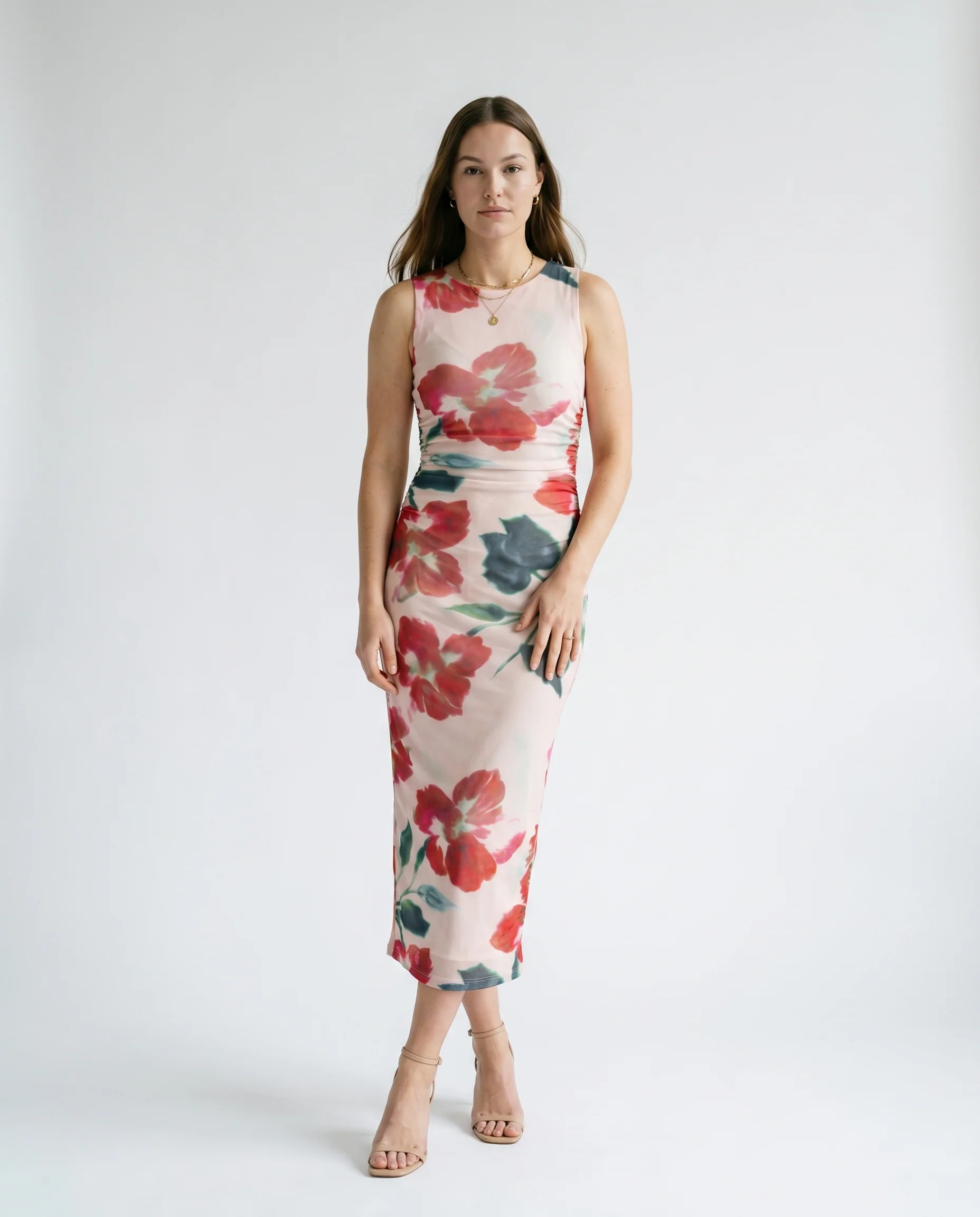 Arabella Mesh Midi Dress Red Floral