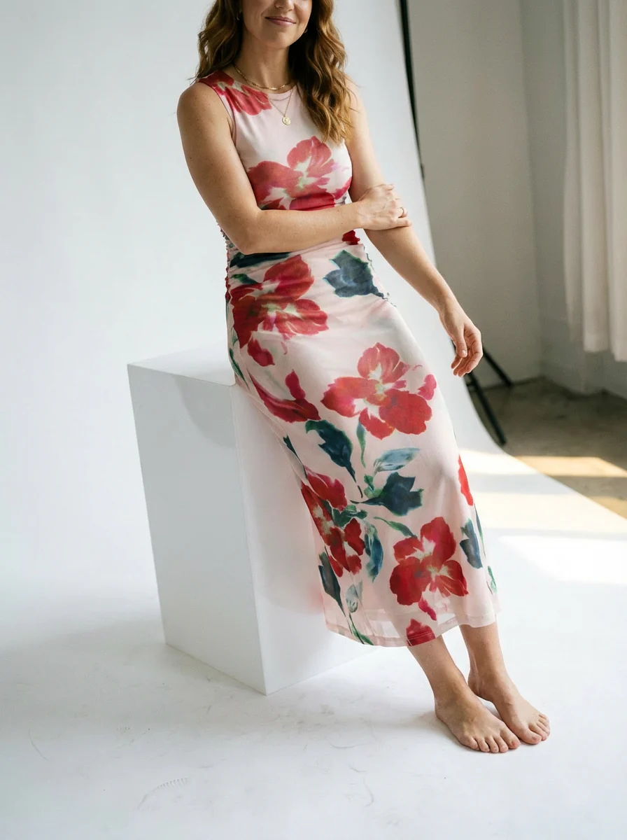 Arabella Mesh Midi Dress Red Floral - Image 5