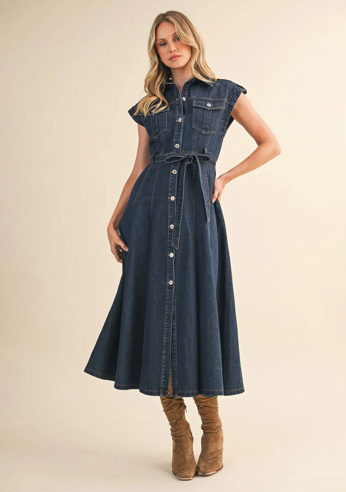 Belted Denim Shortsleeves Midi Dress - Image 2