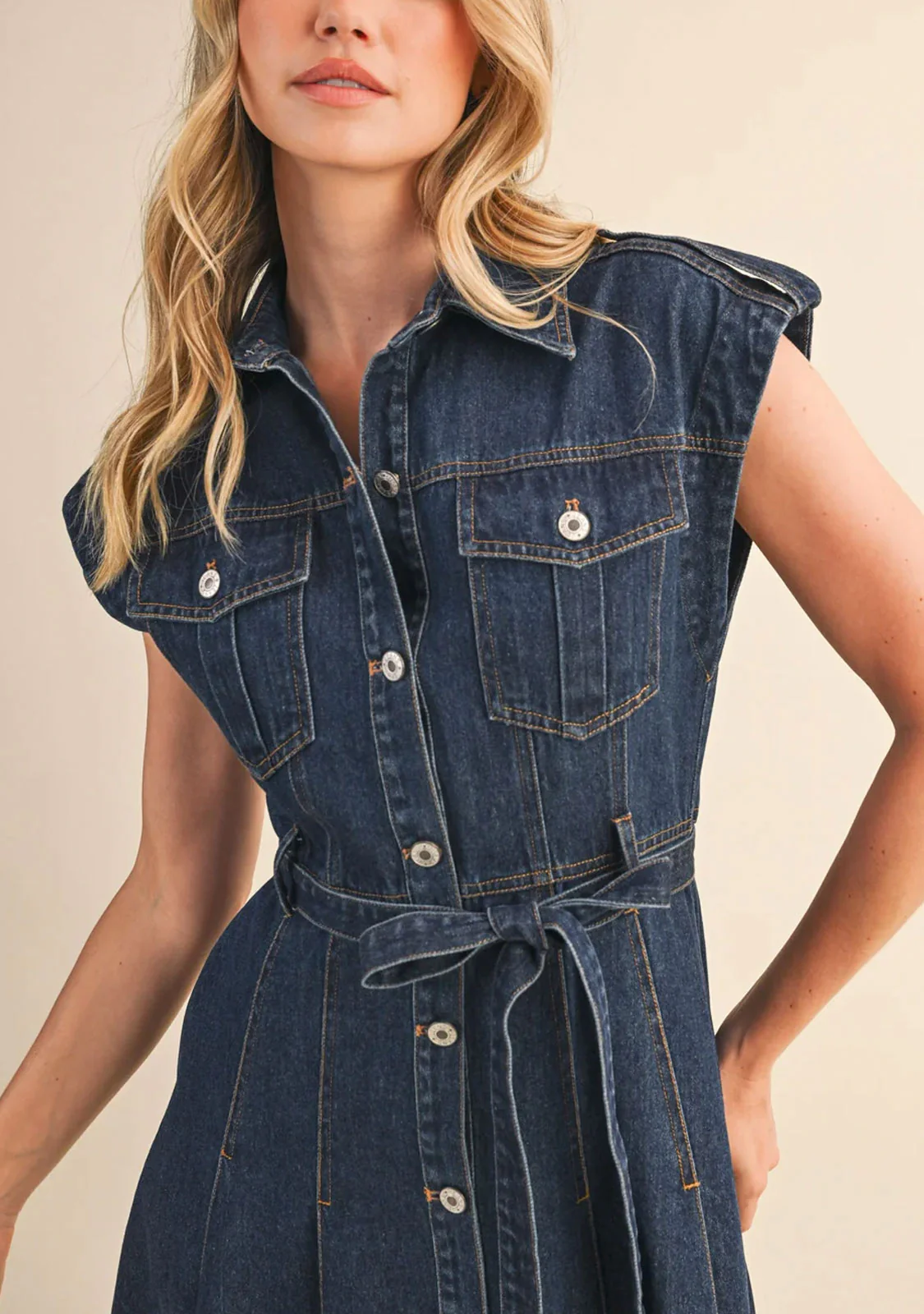 Belted Denim Shortsleeves Midi Dress - Image 5