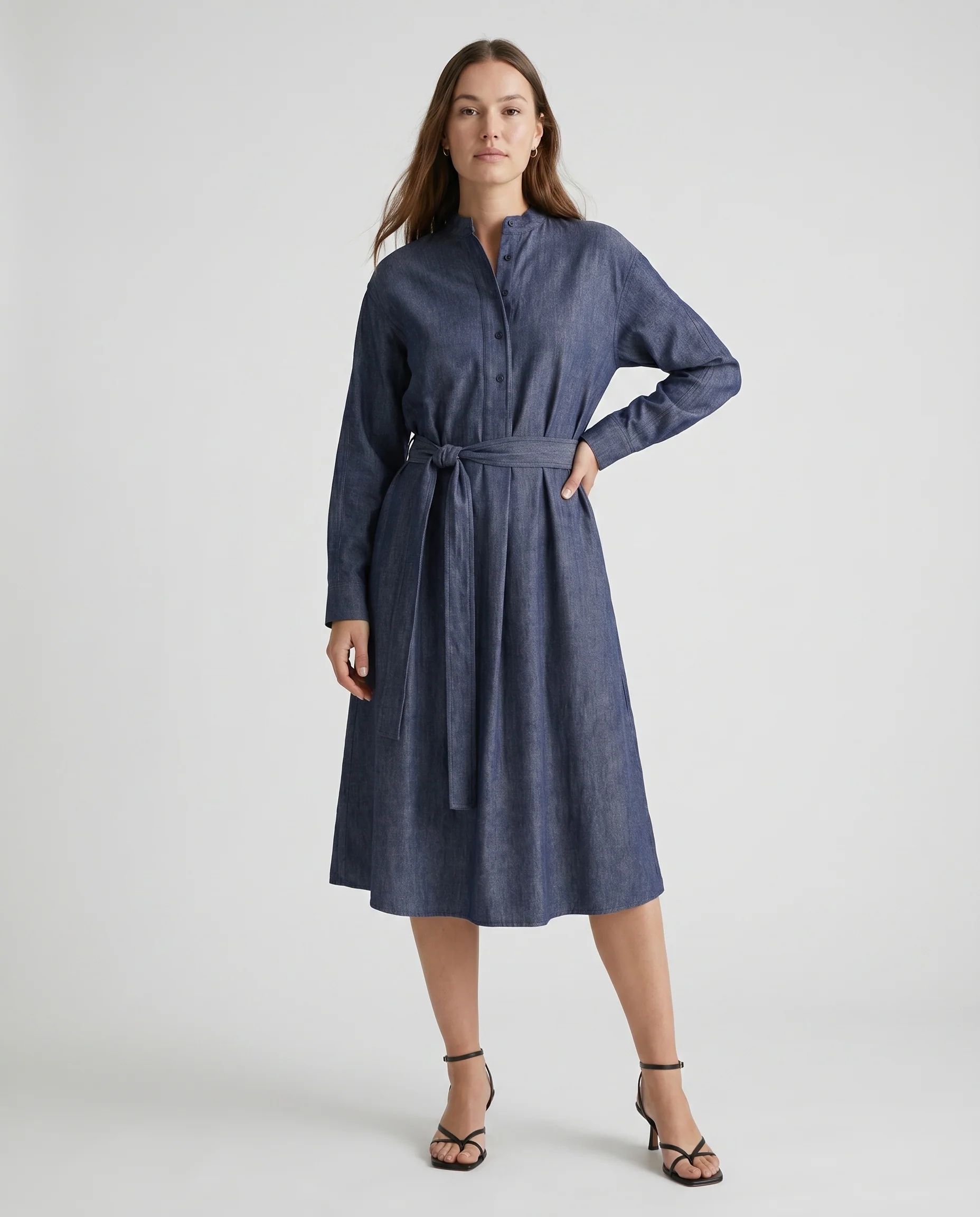 Belted Shirt Midi Dress Denim Blue