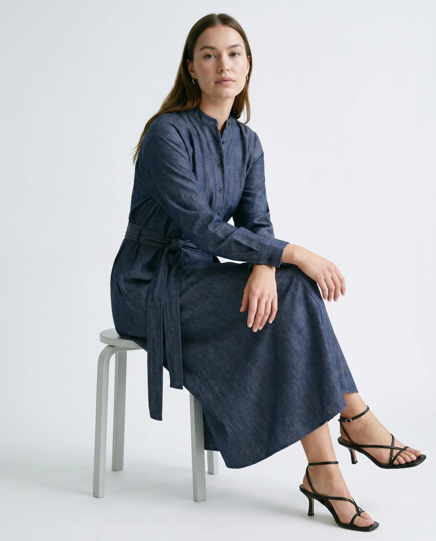 Belted Shirt Midi Dress Denim Blue - Image 3