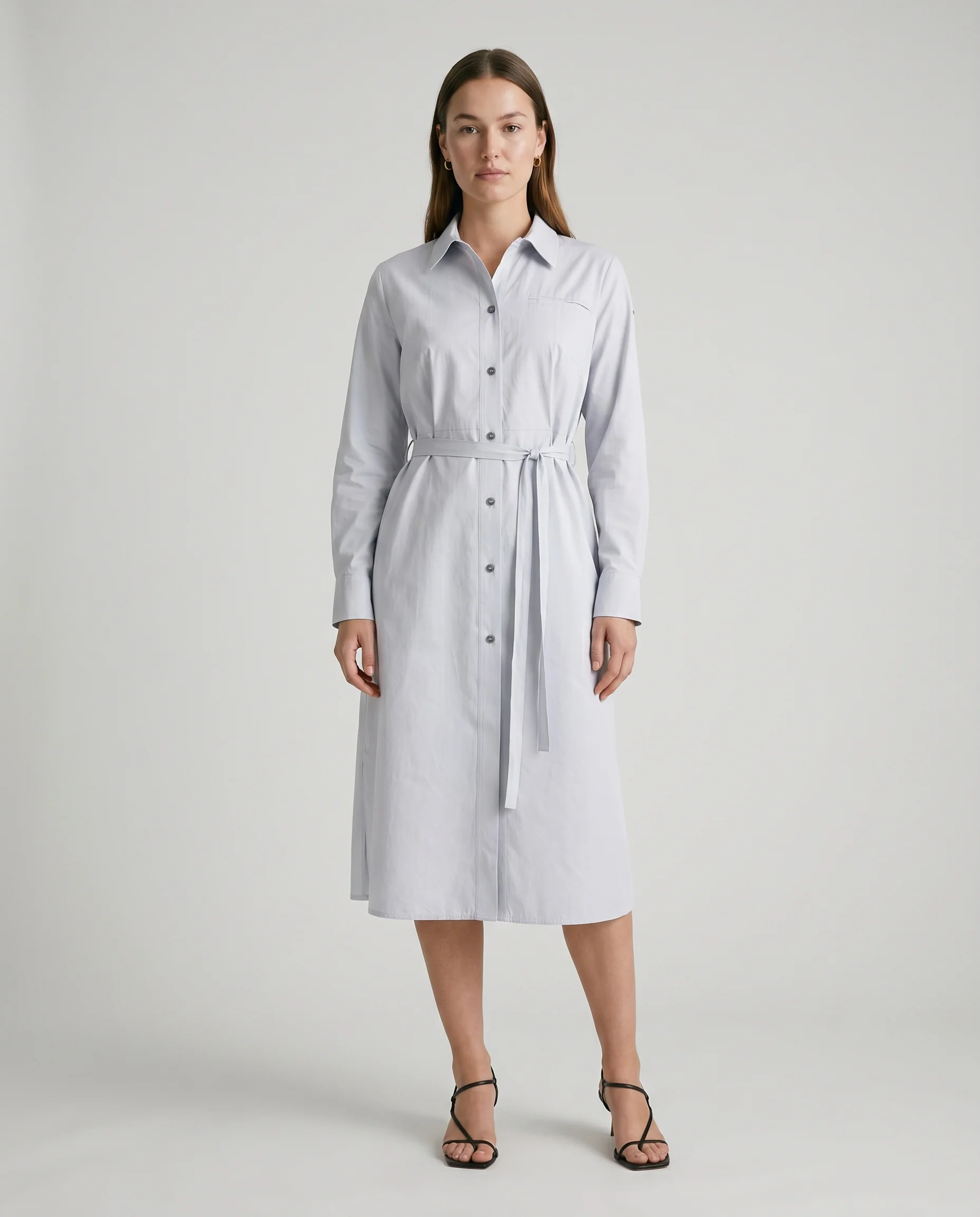 Belted Shirt Midi Dress Gray