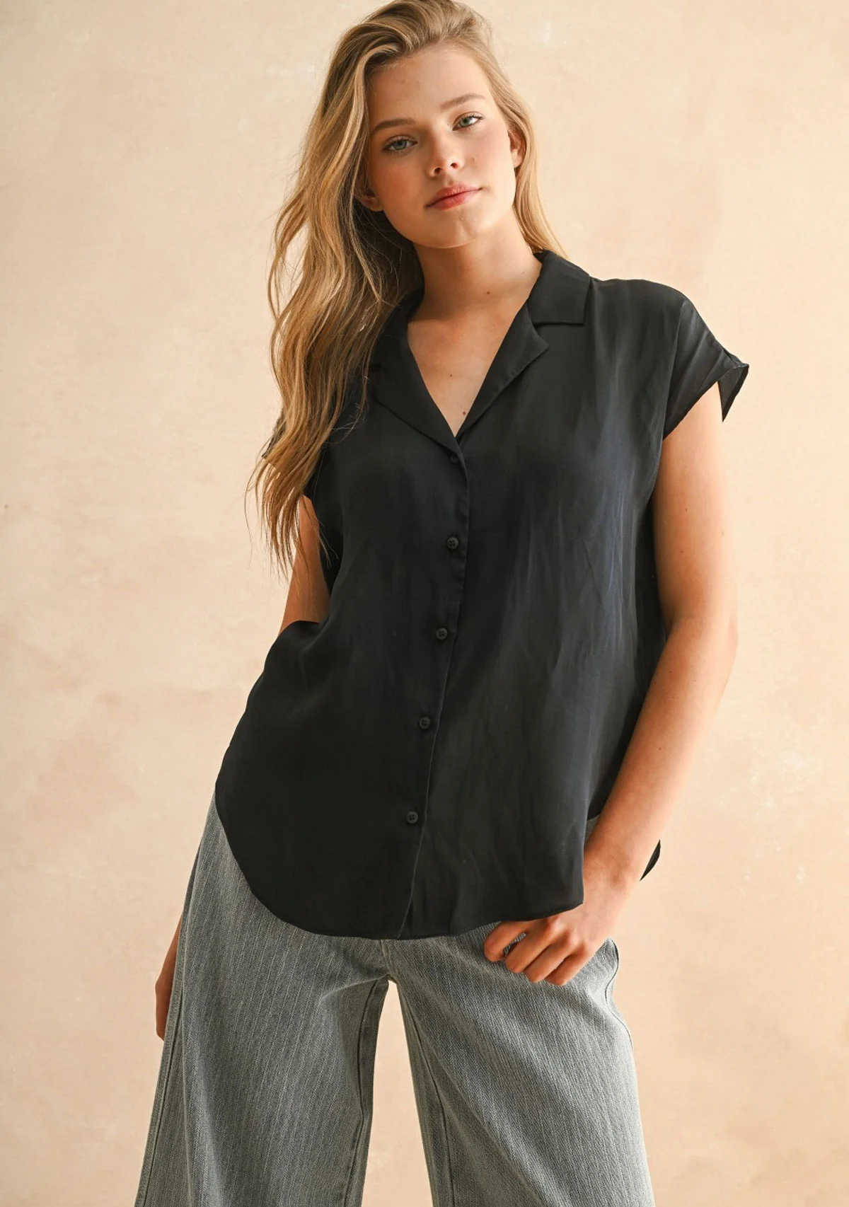 Button Down Cap Sleeve Shirt Deep Ocean Blue - Image 2