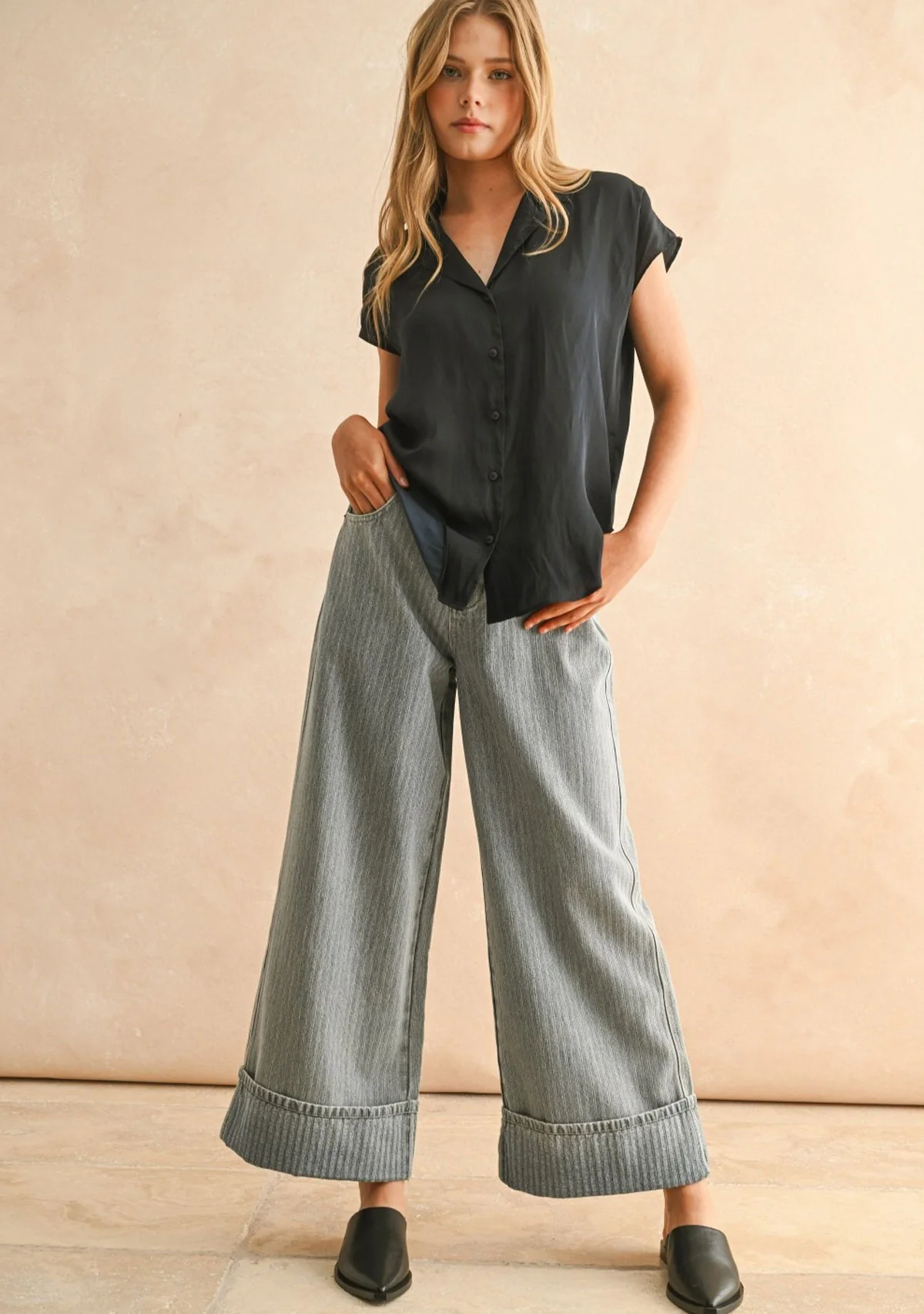 Button Down Cap Sleeve Shirt Deep Ocean Blue - Image 4