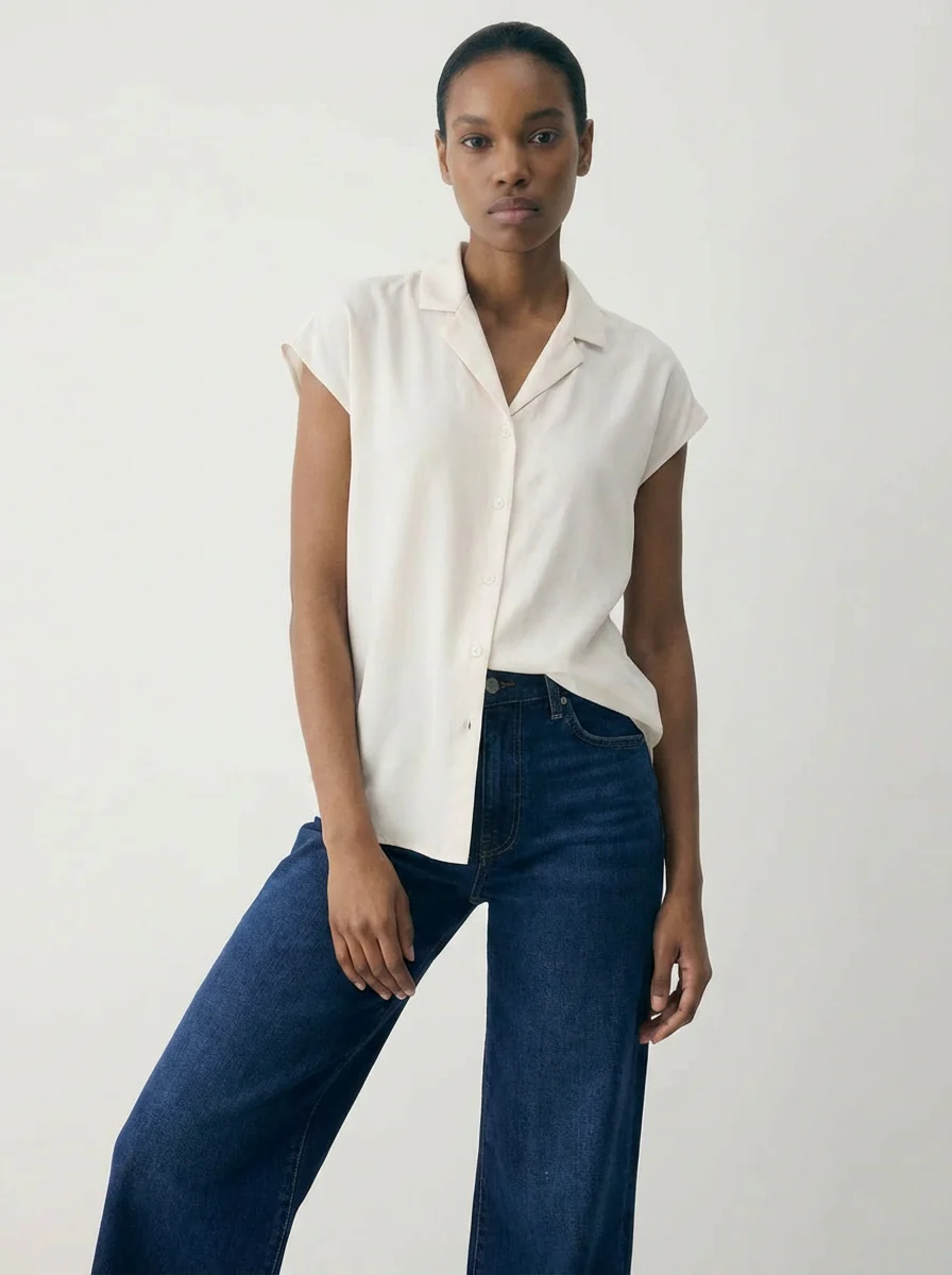 Button Down Cap Sleeve Shirt Off White - Image 2