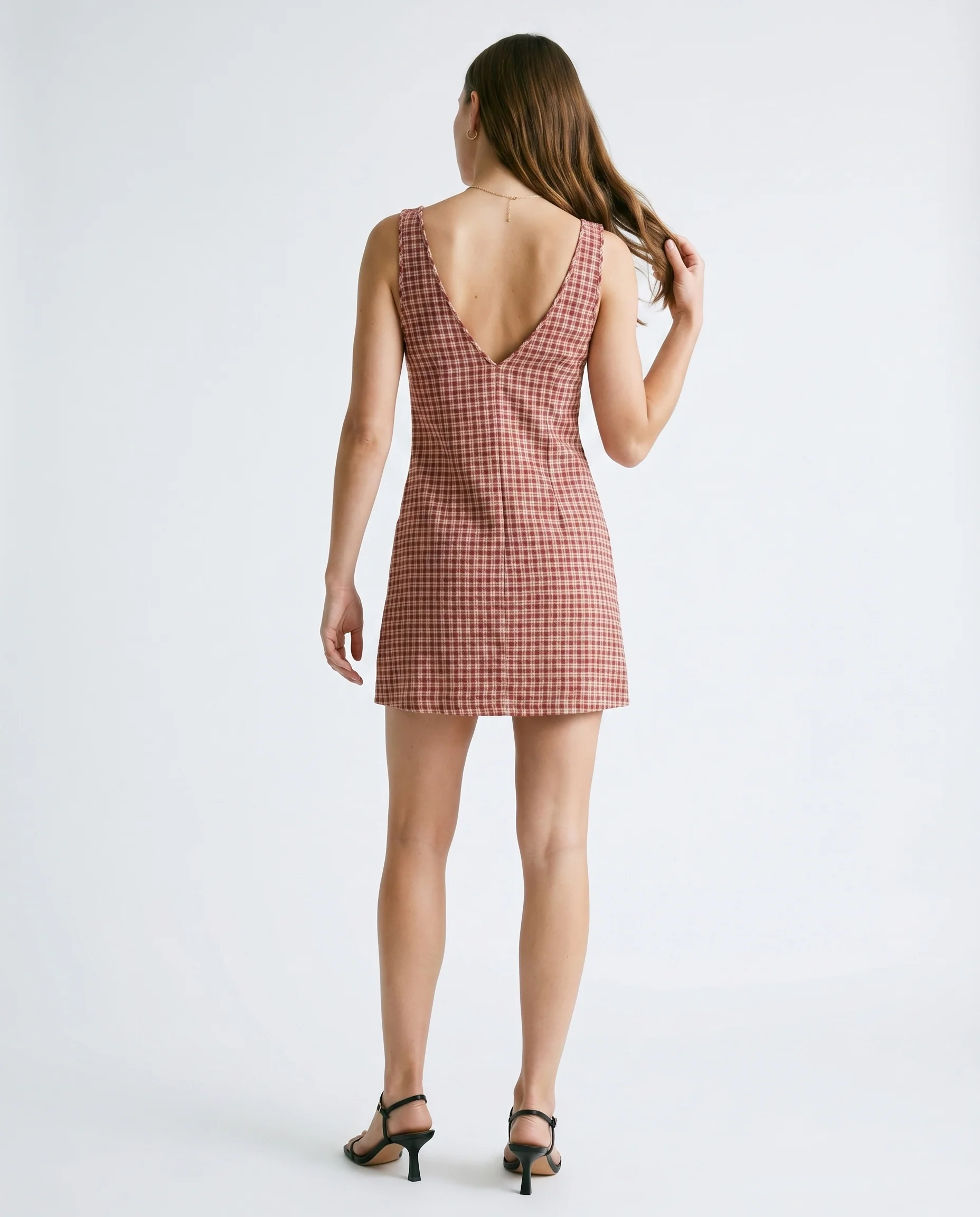 Capricorn - Hemp Seersucker Mini Dress Burgundy / Beige Check - Image 8