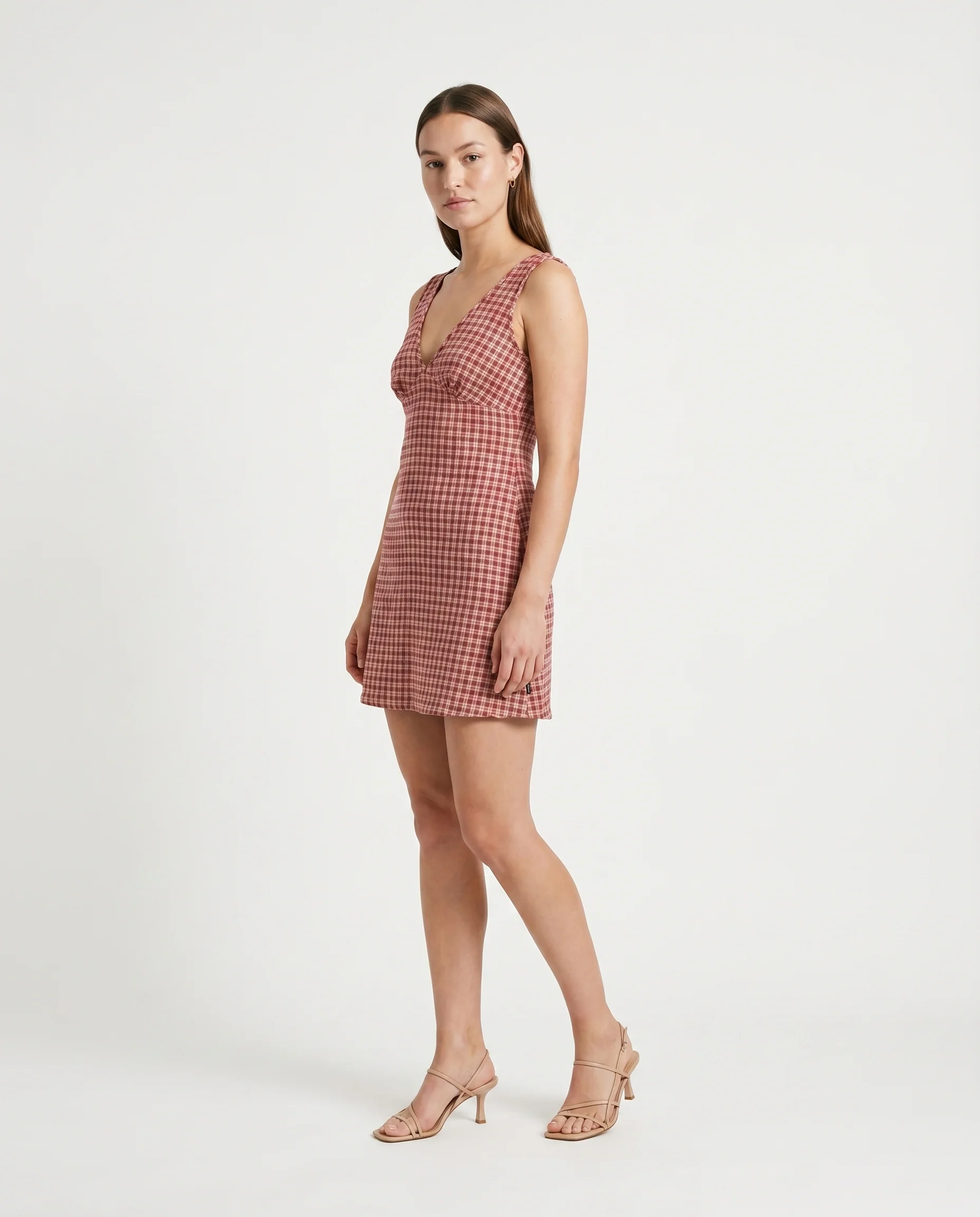 Capricorn - Hemp Seersucker Mini Dress Burgundy / Beige Check - Image 9