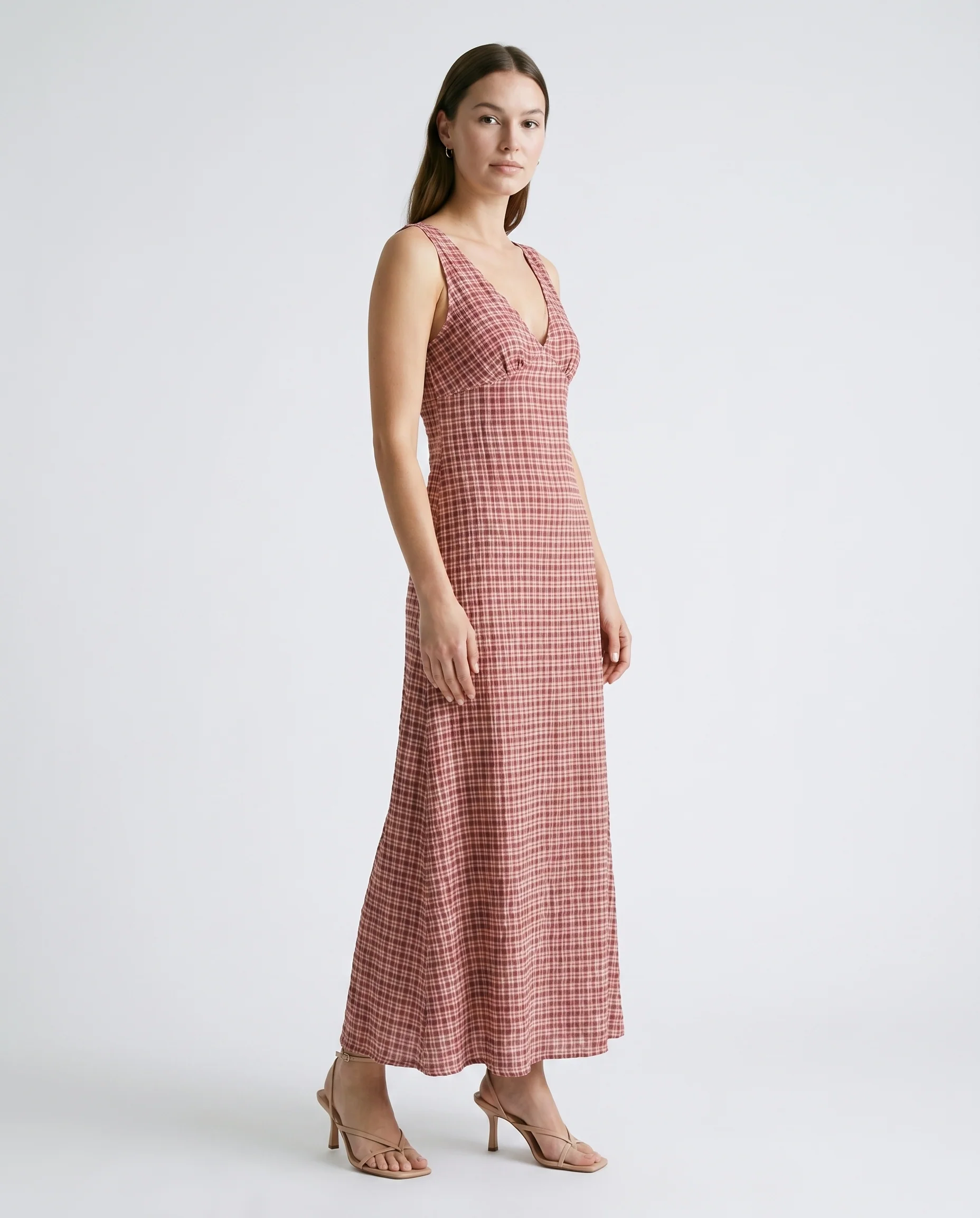 Capricorn Tully - Hemp Seersucker Maxi Dress Burgundy / Beige Check - Image 3