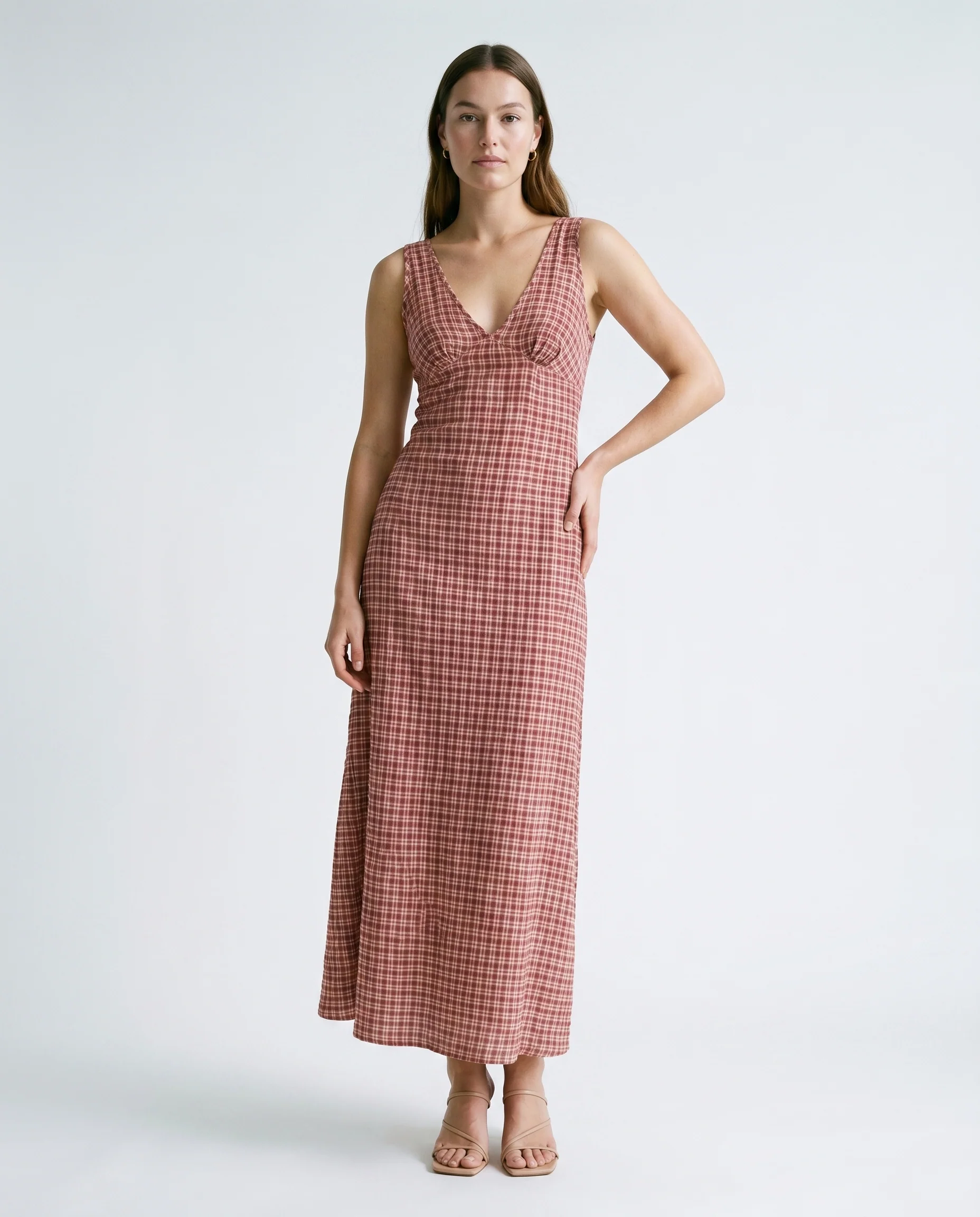 Capricorn Tully - Hemp Seersucker Maxi Dress Burgundy / Beige Check - Image 7