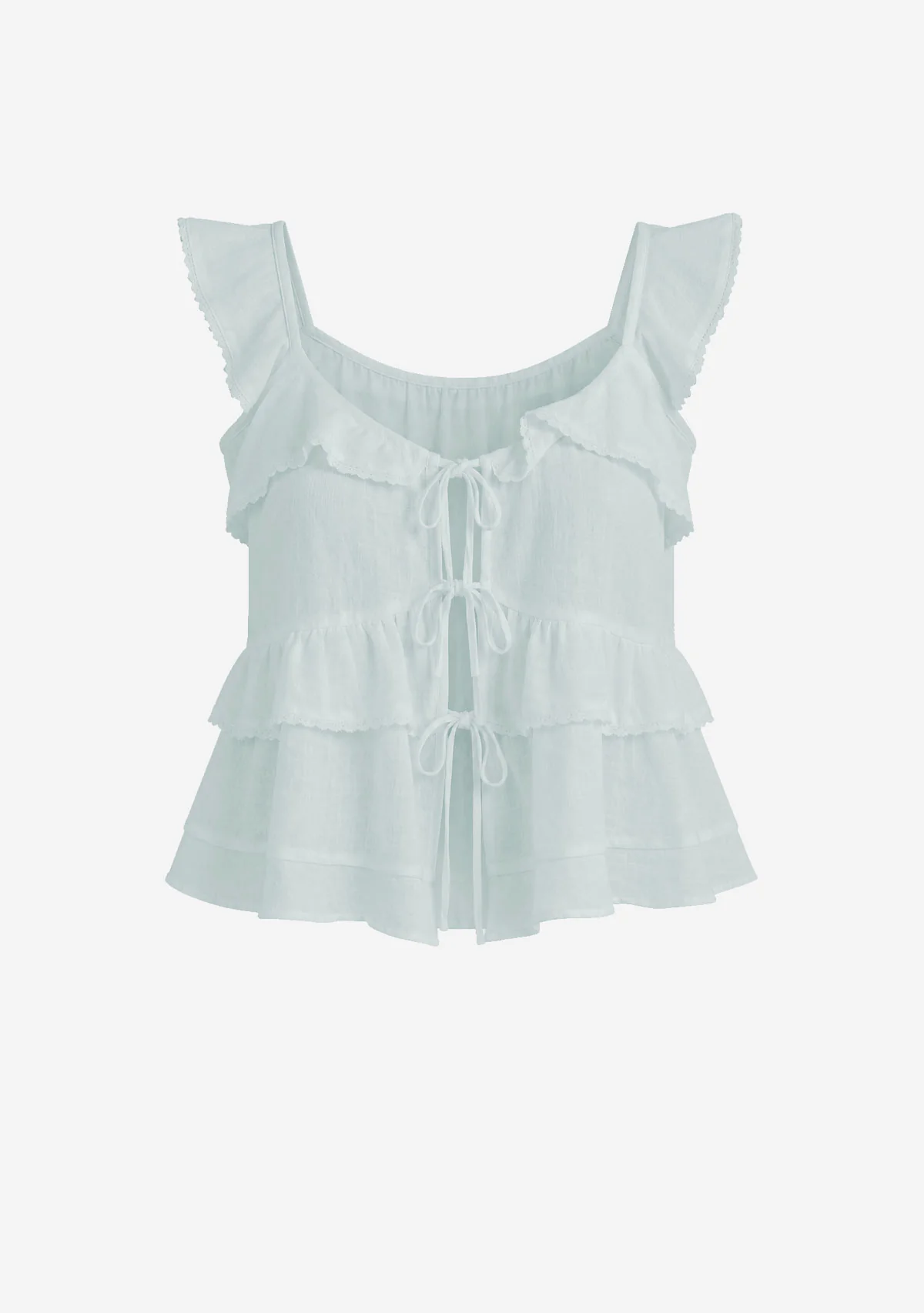 Ceci Tie Front Ruffle Trim Top Dusty Blue
