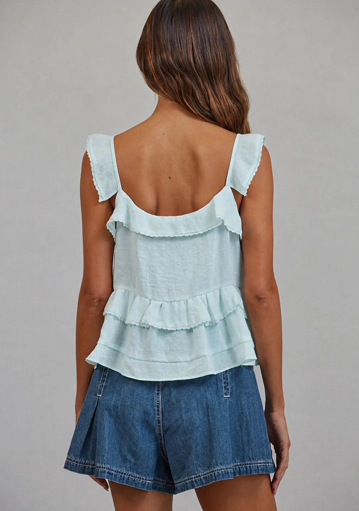 Ceci Tie Front Ruffle Trim Top Dusty Blue - Image 3