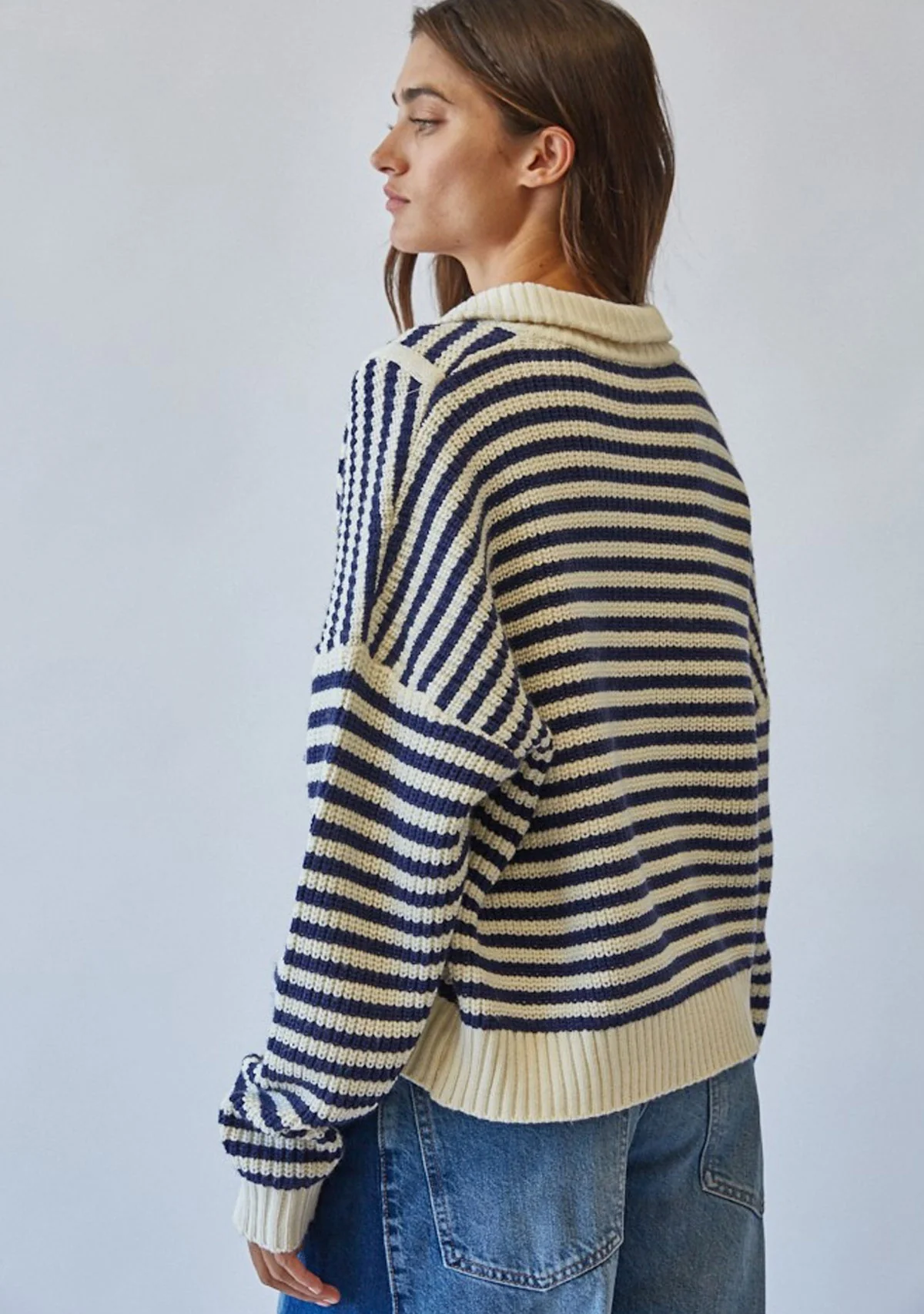 Chic Coastal Half-Zip Striped Sweater Navy - Image 2