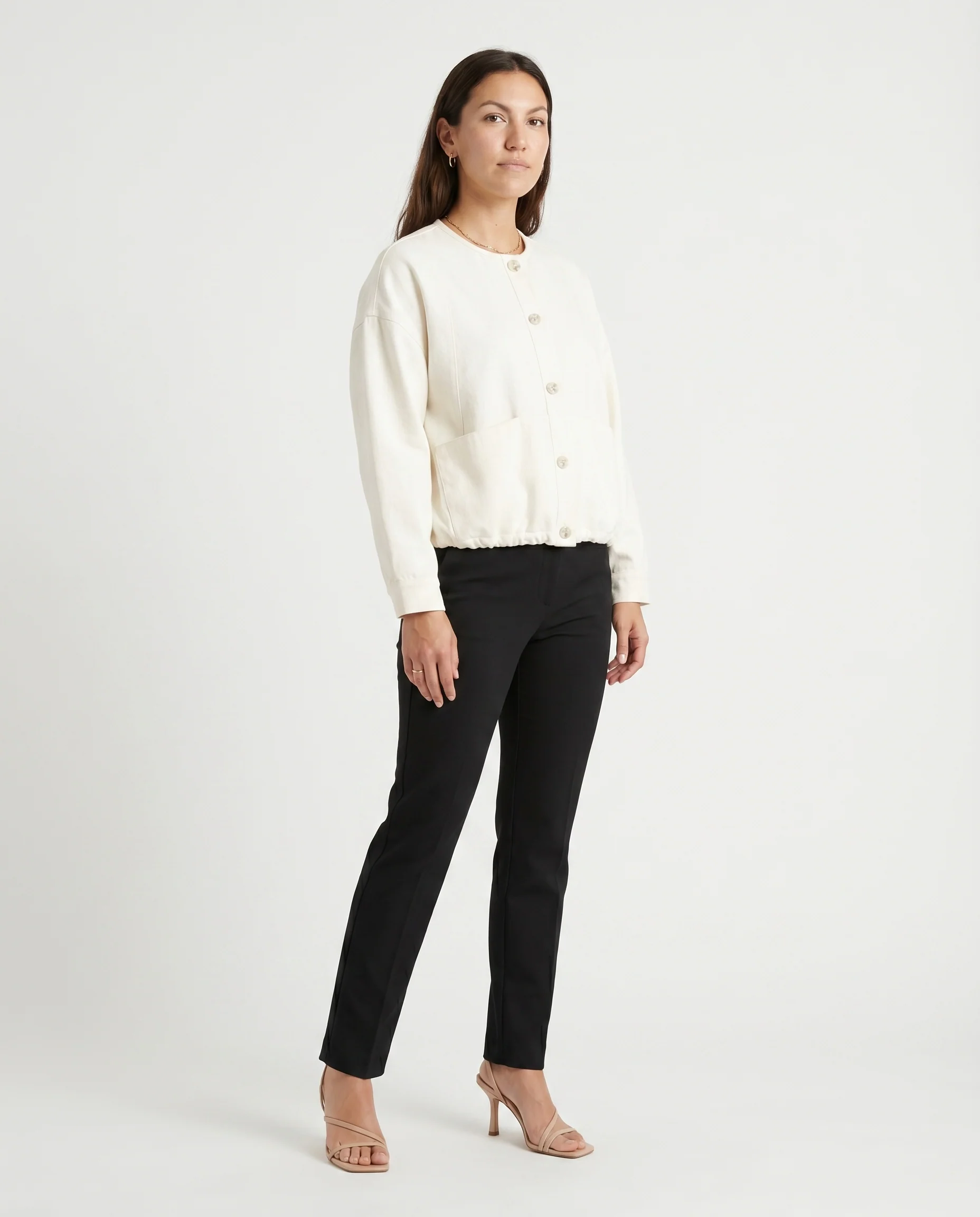 Crew Neck Button Down Jacket Ivory