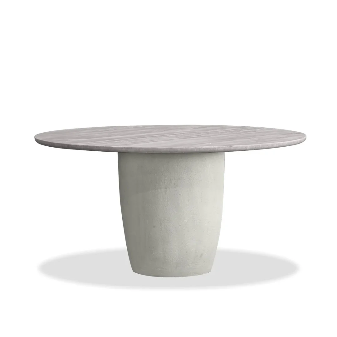 ERDEN Round  Dining Table  Silver Grey Travertine  ,  Silver Taupe Micro Cement Base