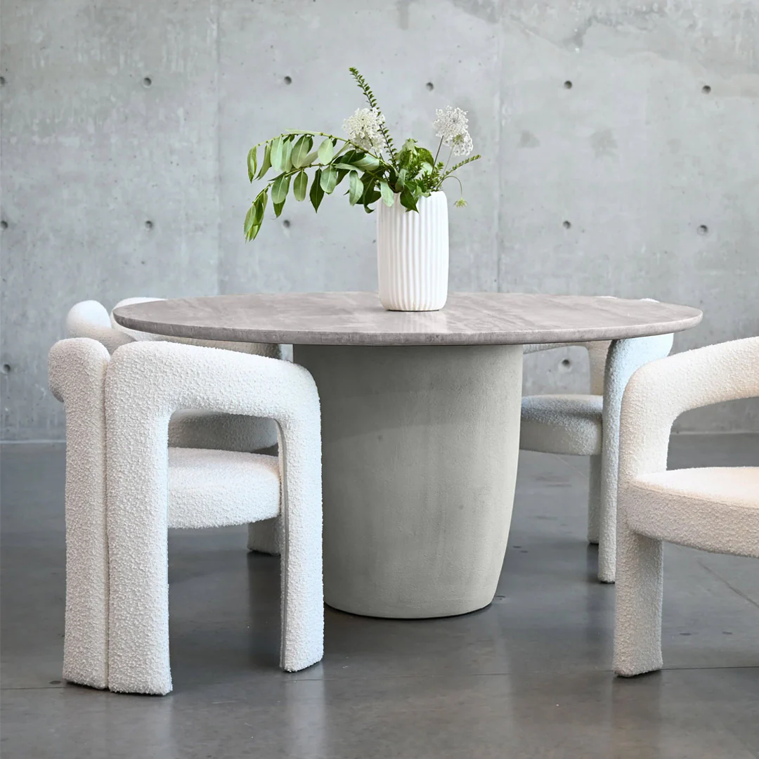 ERDEN Round  Dining Table  Silver Grey Travertine  ,  Silver Taupe Micro Cement Base - Image 2