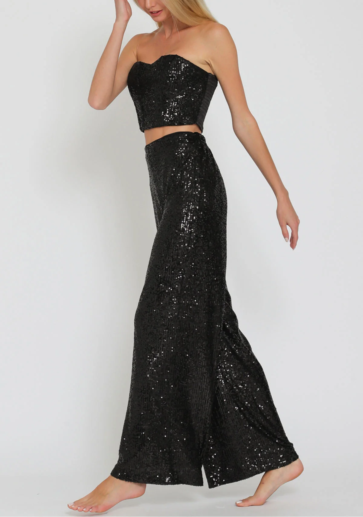 Elastic Back Waisted Sequin Long Pants Black - Image 2