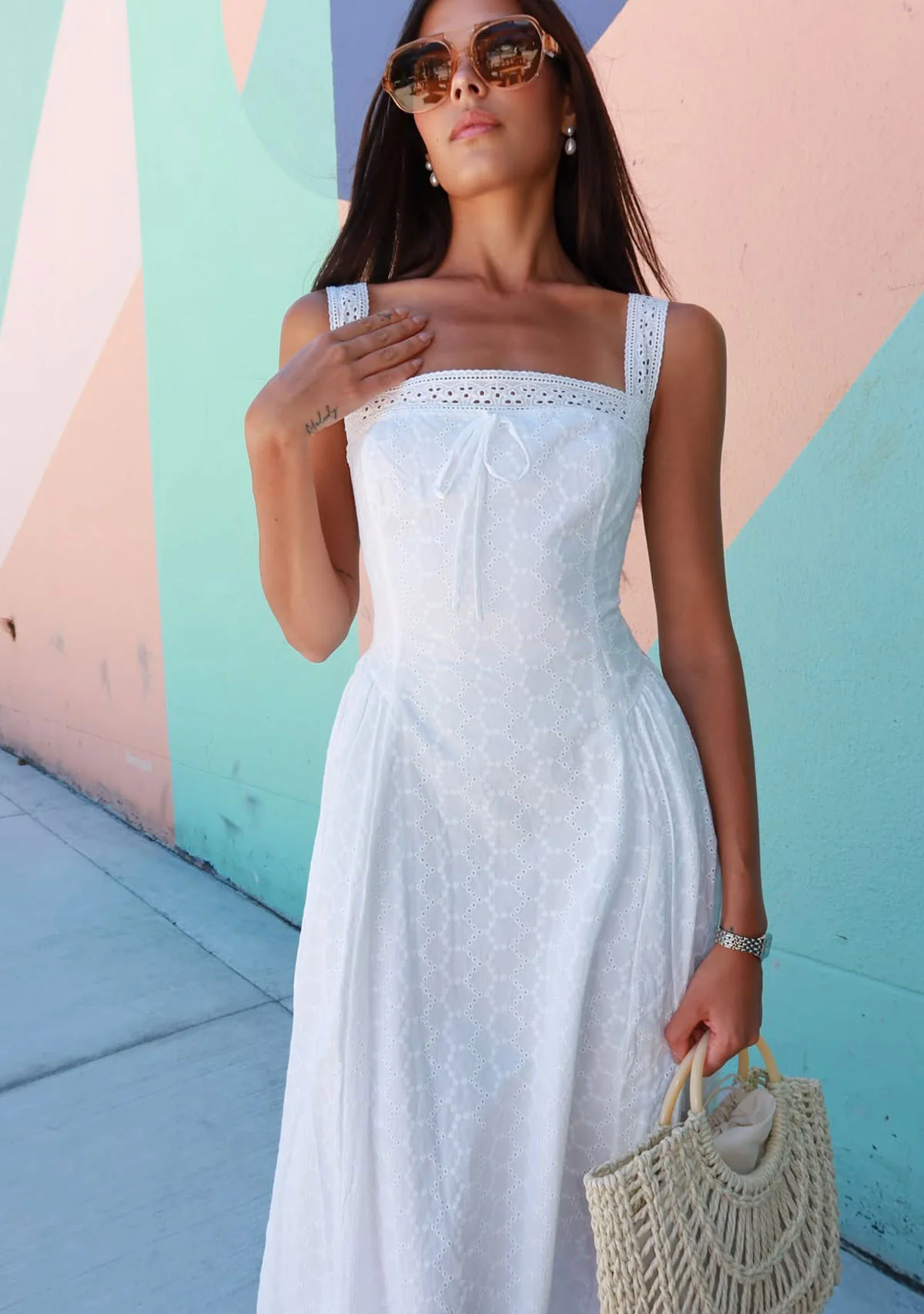 Eyelet Back Cross Strap Midi Dress Off White - Image 2