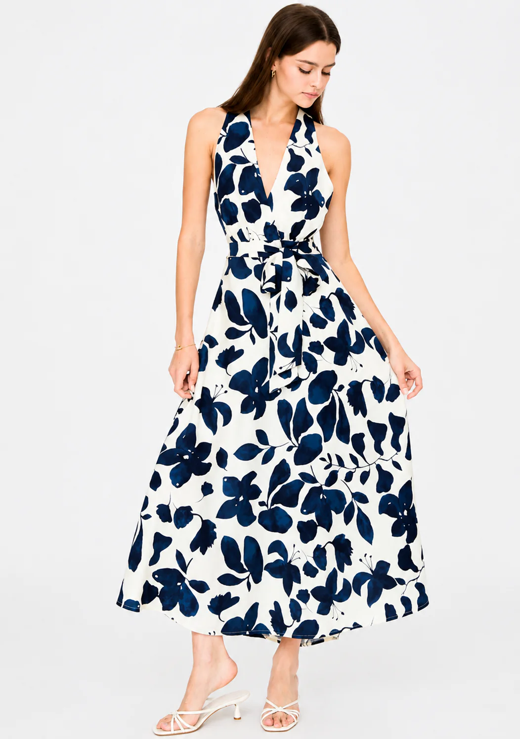 Floral Print Midi Dress With A Plunging Halter Neckline And Waist Tie Ivory/Navy - Image 2