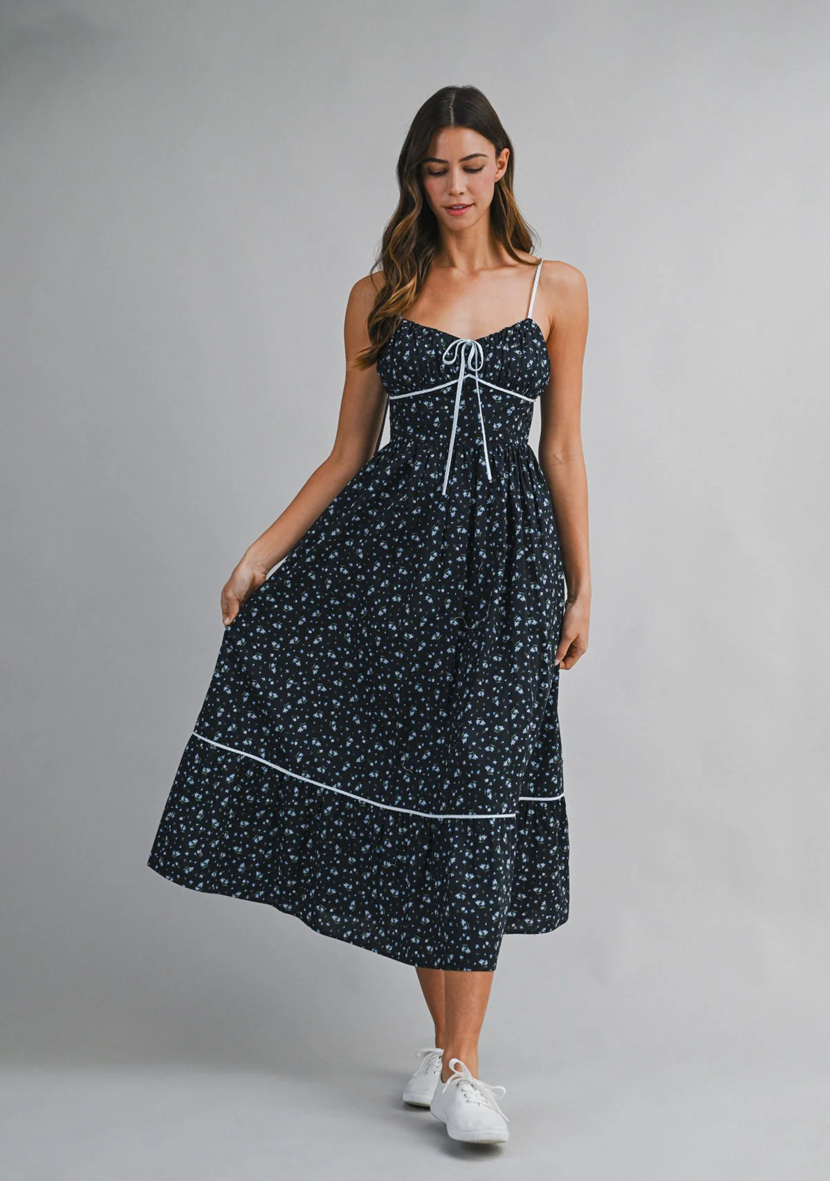 Floral Printed Gingham Contrast Midi Dress Navy - Image 2