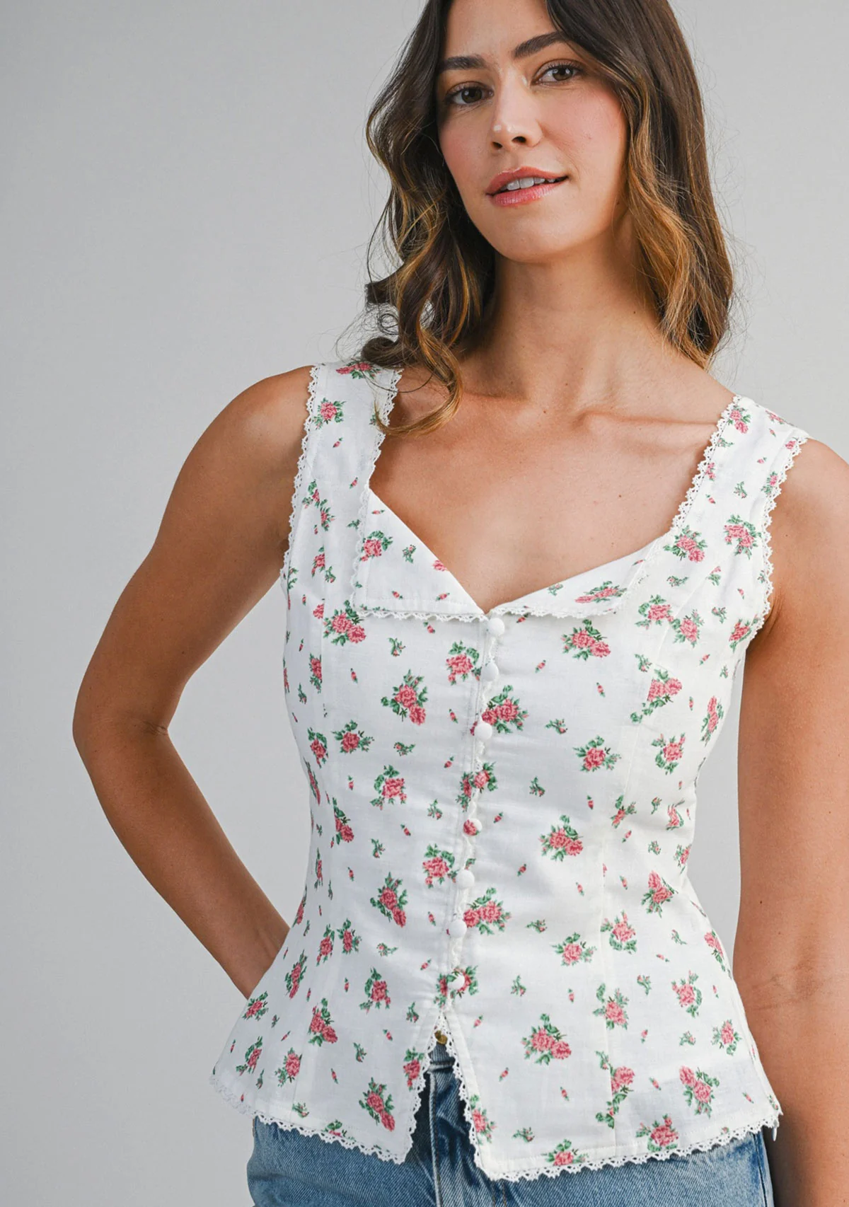 Floral Printed Sleeveless Top Off White - Image 2