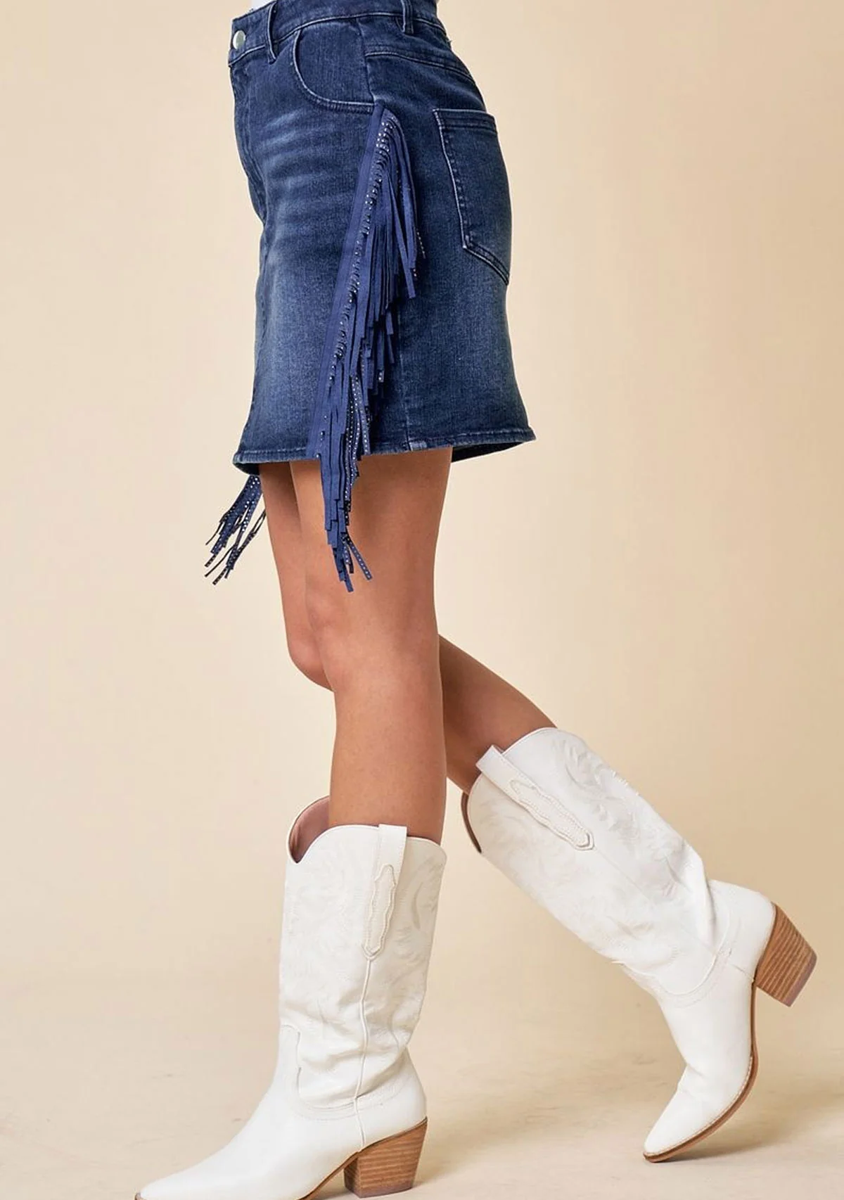 Fringed Denim Mini Skirt Dark Denim - Image 3