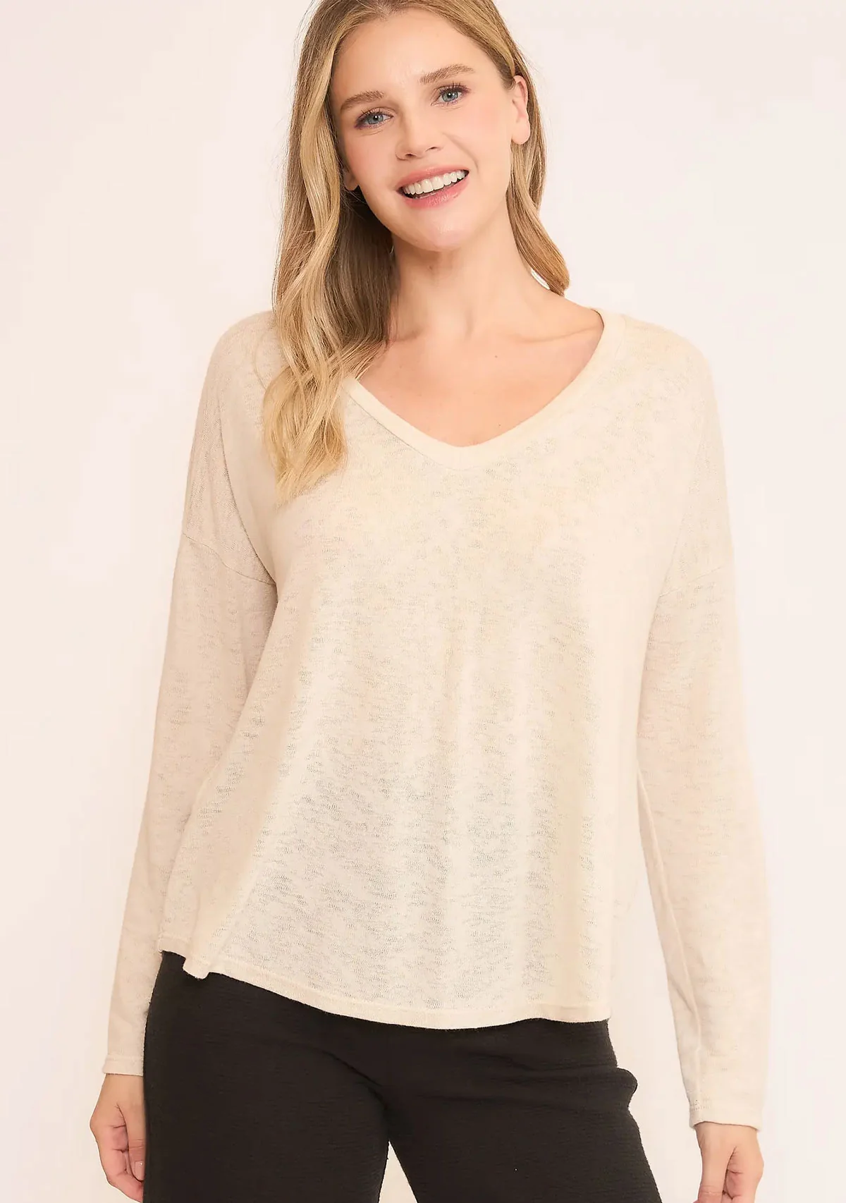 Hacci Slub V-Neck Drop Shoulder L/S Top Natural - Image 2