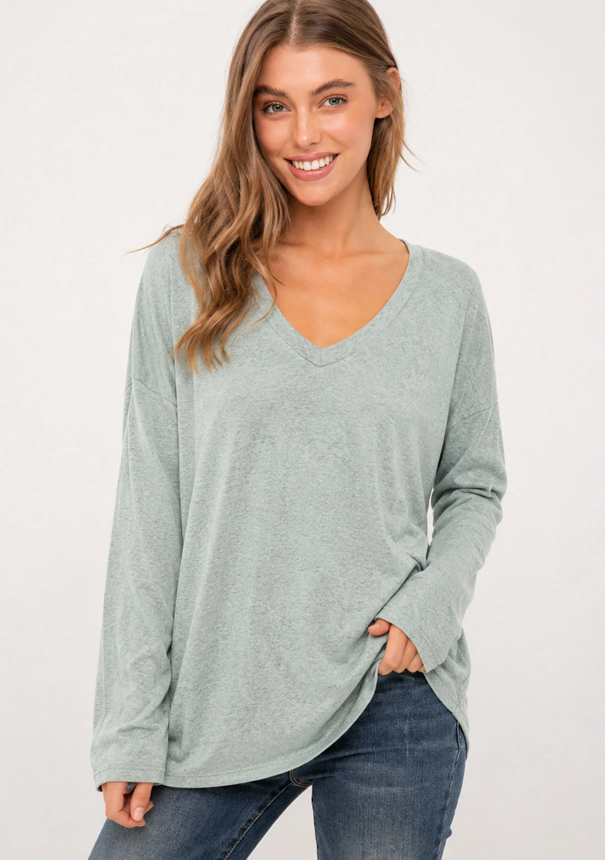 Hacci Slub V-Neck Drop Shoulder L/S Top Seagrass - Image 2
