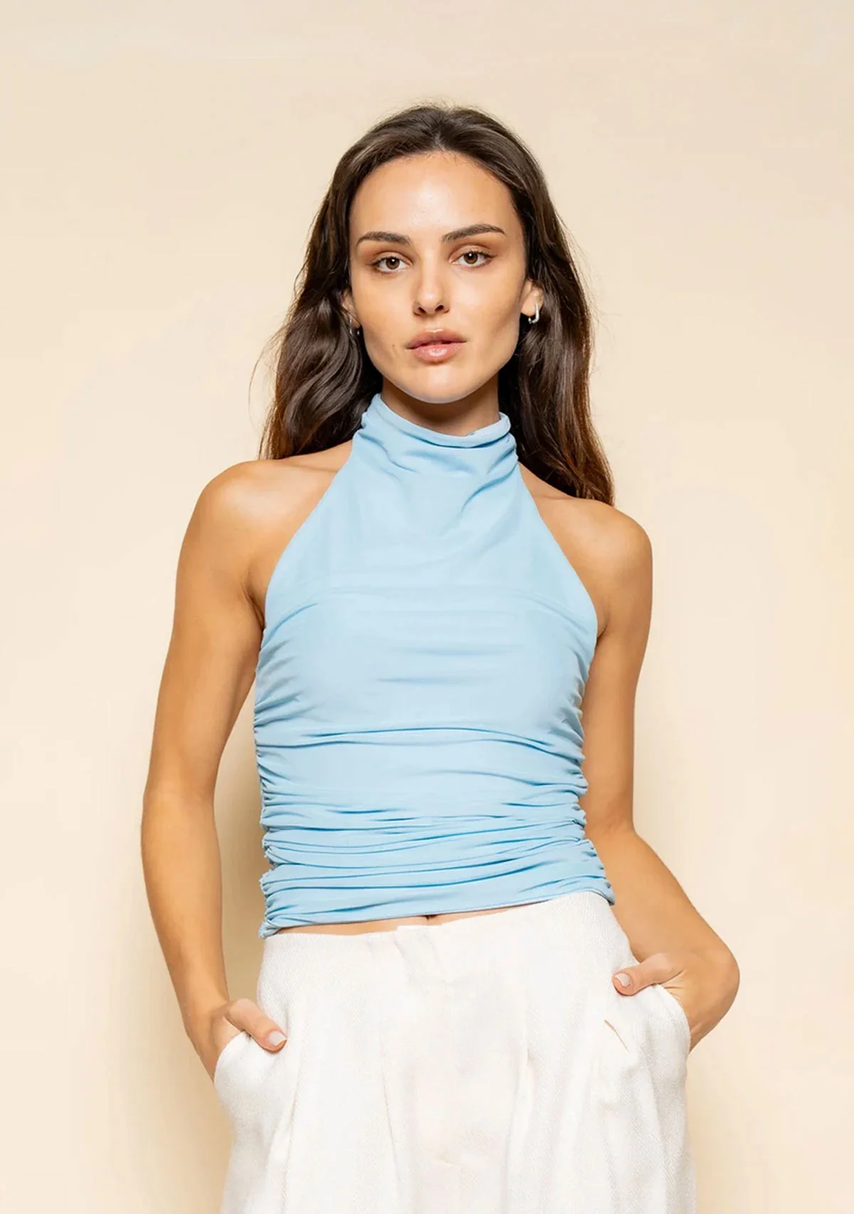 Halter Neck Ruching Top Baby Blue - Image 2