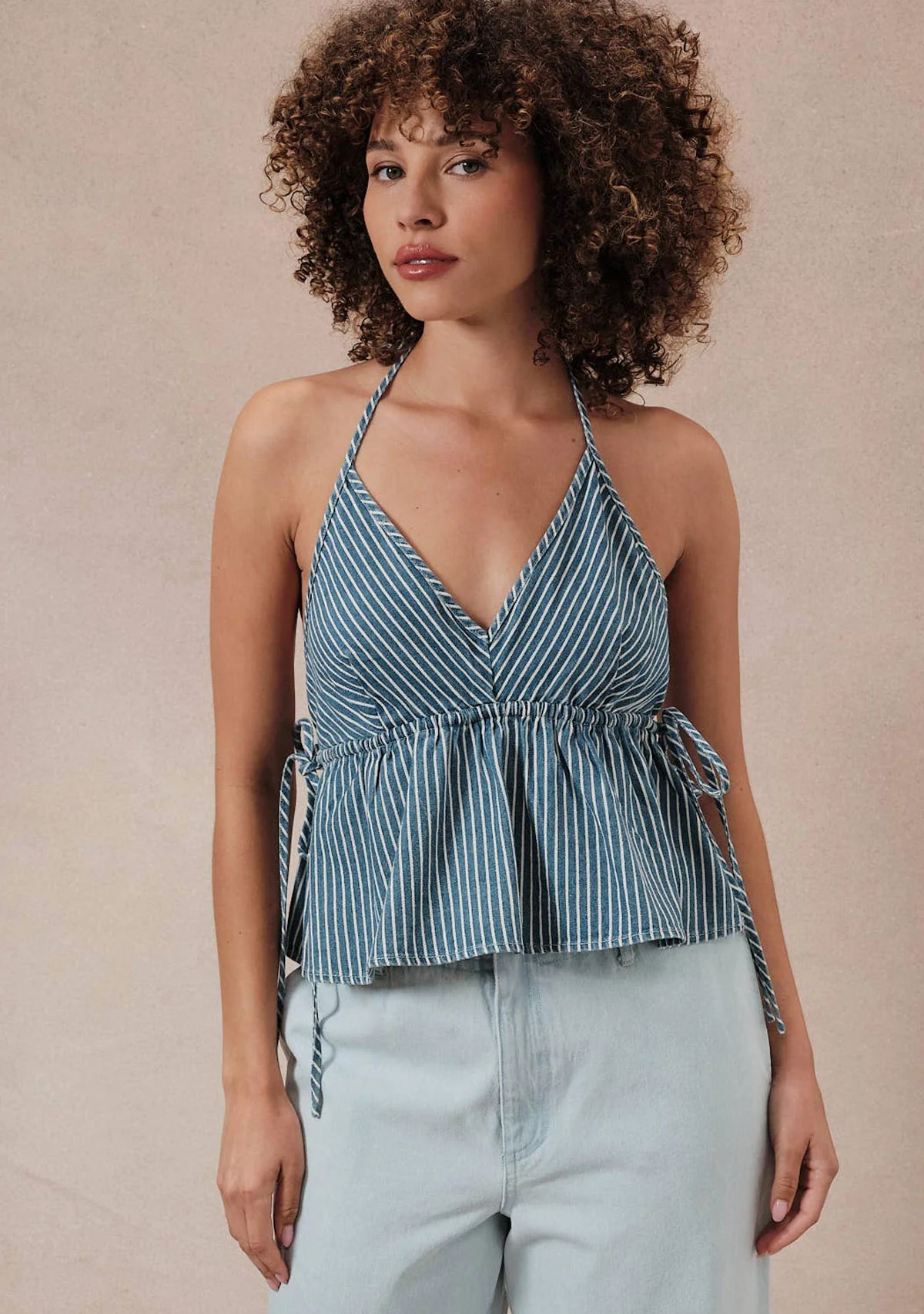 Halter Sleeveless Top W Tunnering Self Ties At Side Seams Denim White Stripe - Image 2