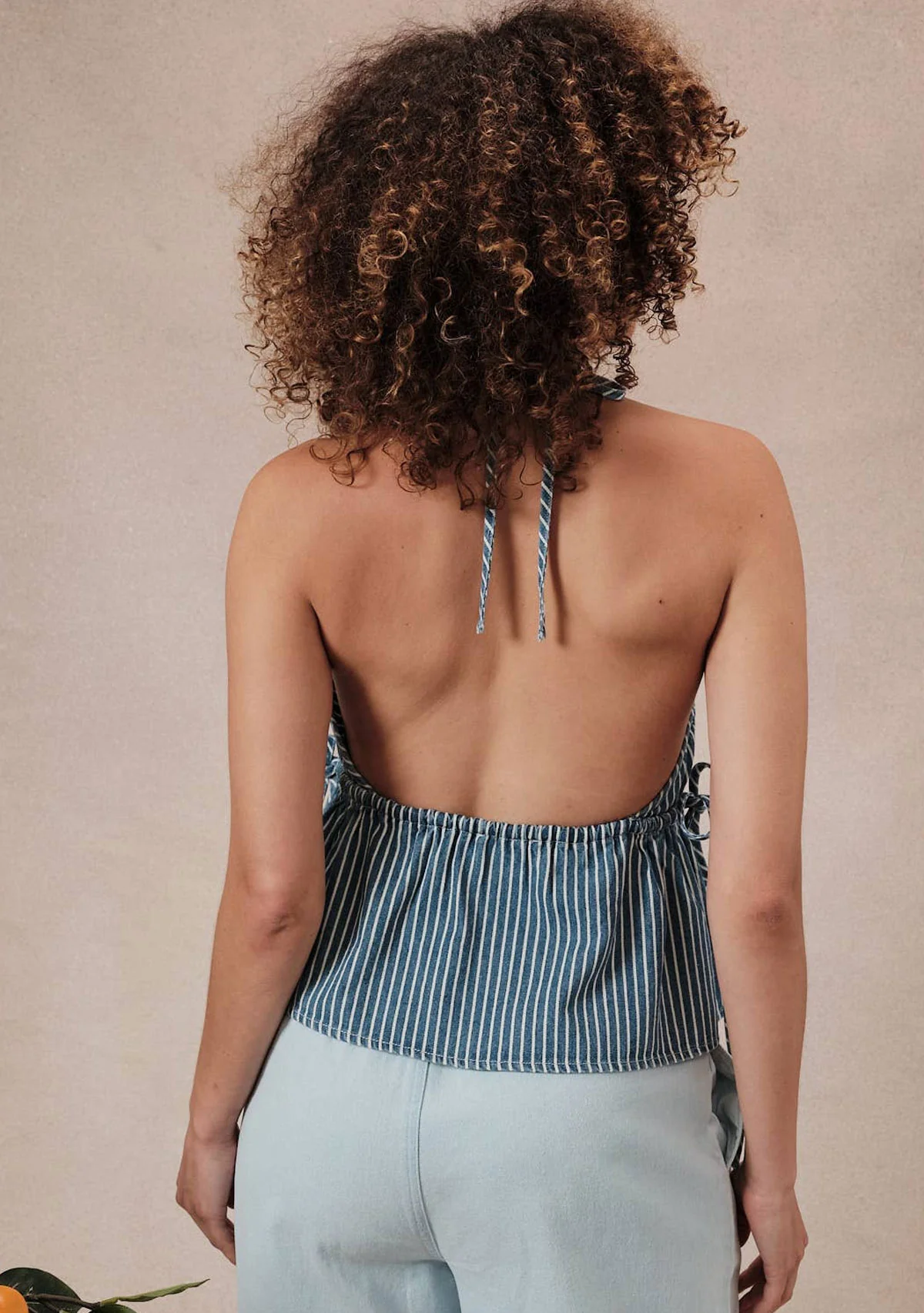 Halter Sleeveless Top W Tunnering Self Ties At Side Seams Denim White Stripe - Image 4