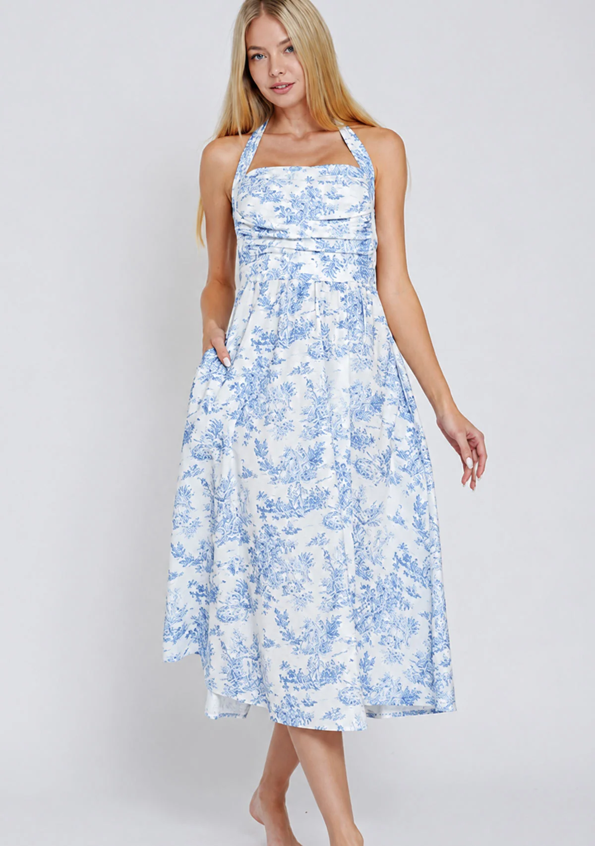 Halter Tie Back Chest Elastic Back Waisted Midi Dress White/Navy - Image 2