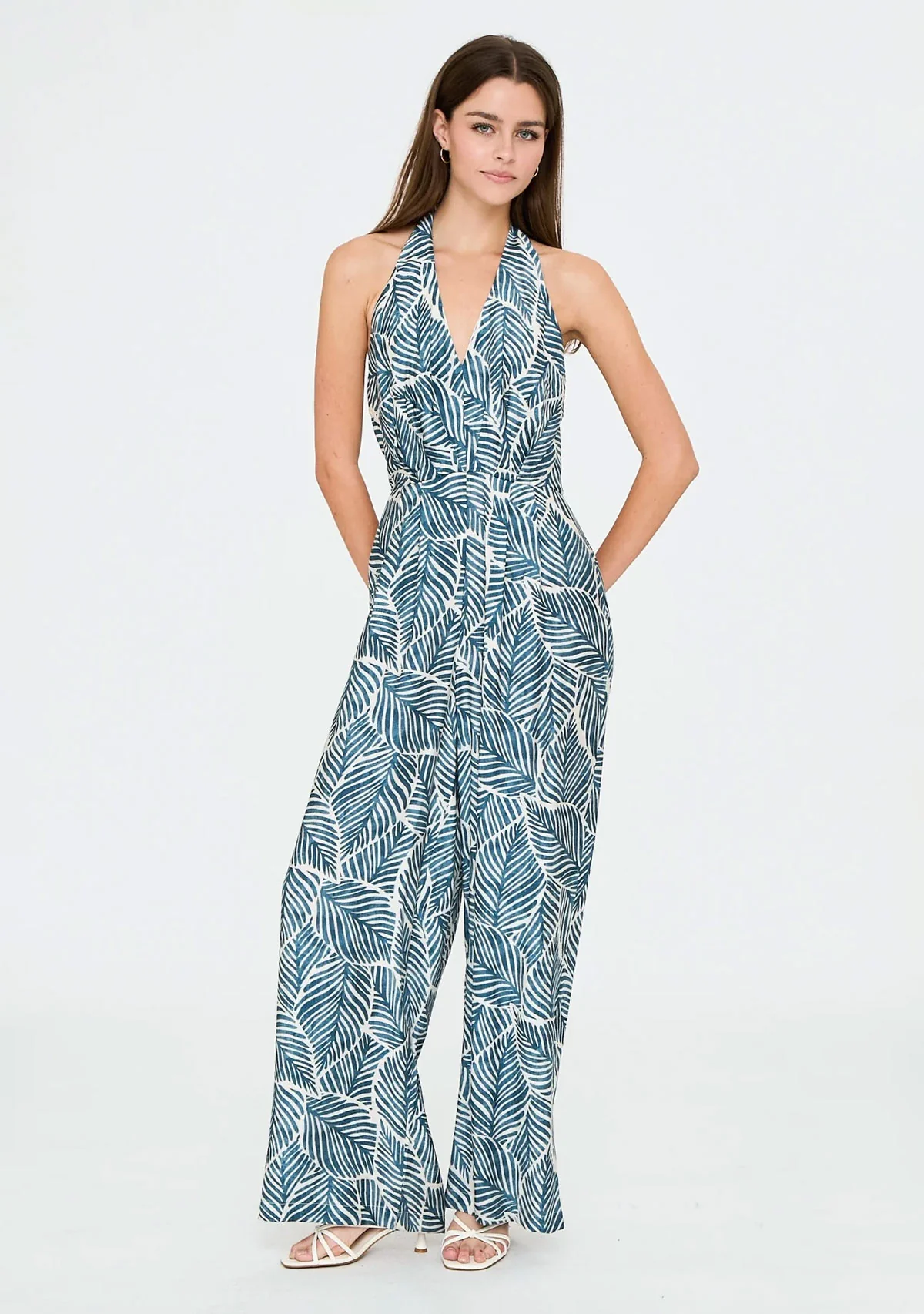 Halter Tie Back Neck Strap Backless Jumpsuit White/Blue - Image 2