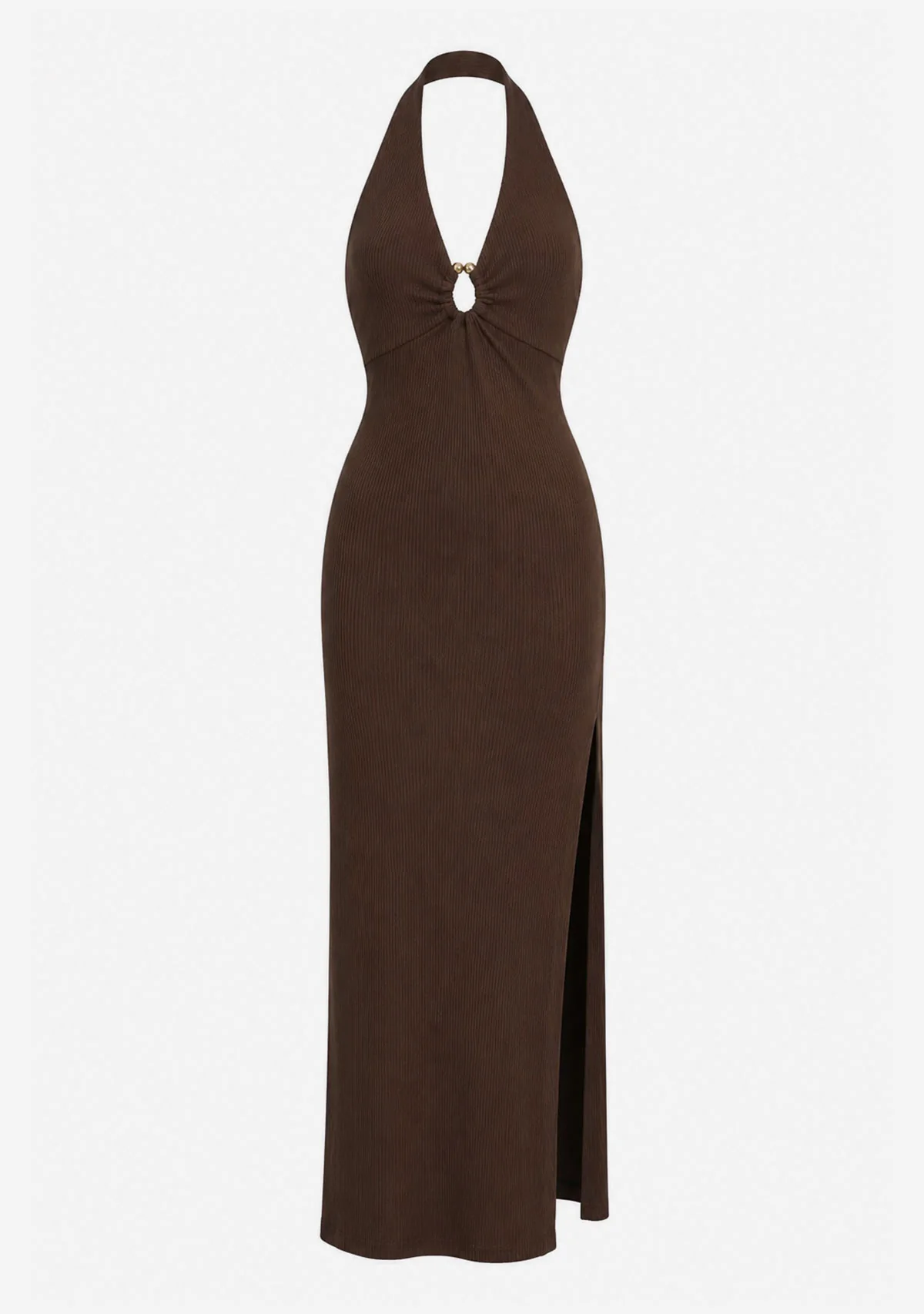 Helios Glow Gold Trim Halter Dress Hazel Brown