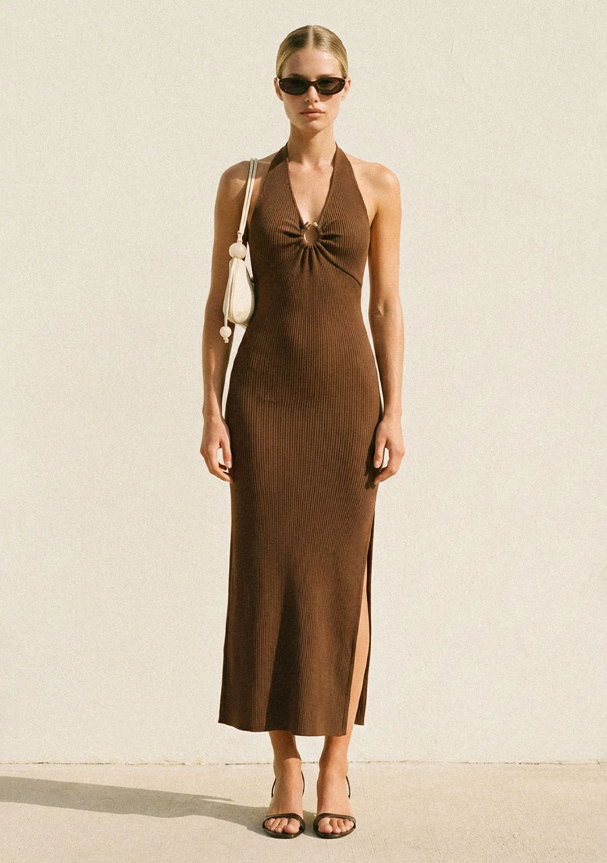 Helios Glow Gold Trim Halter Dress Hazel Brown - Image 2