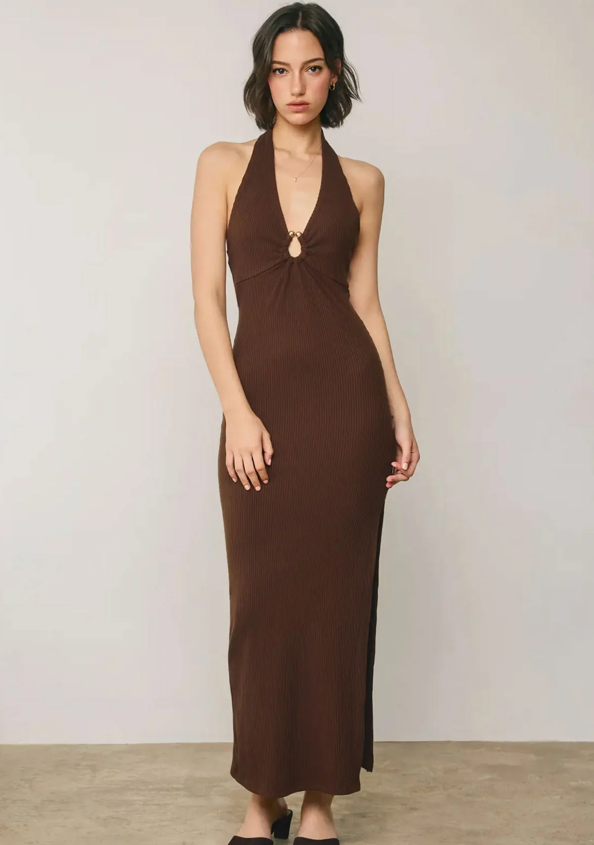Helios Glow Gold Trim Halter Dress Hazel Brown - Image 3