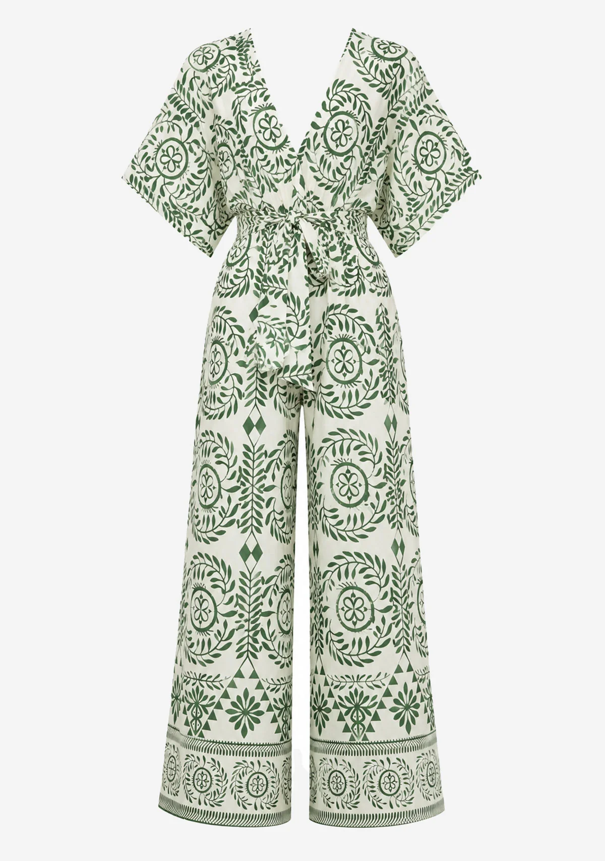 Kimono Sleeve Elastic Back Waisted Border Printed Jumpsuit Ivory/Green