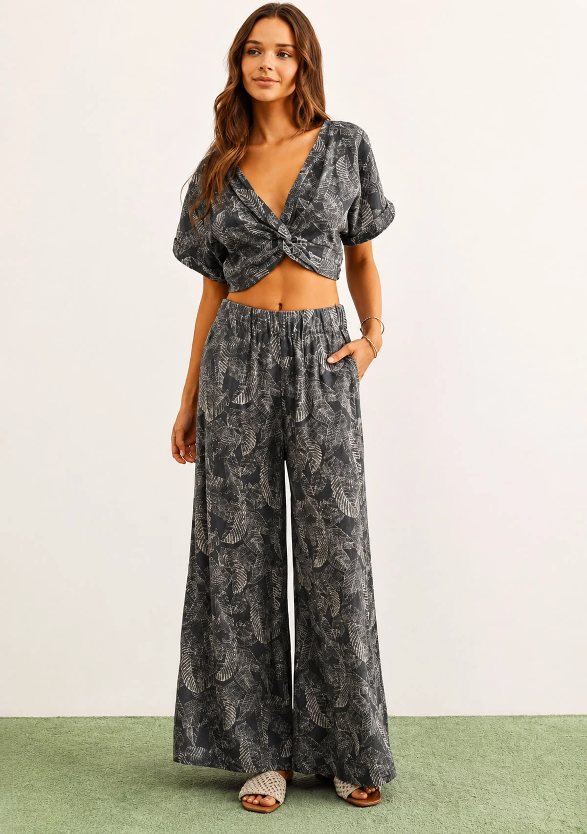 Leaf Print Faded Effect Pants Navy - Image 2