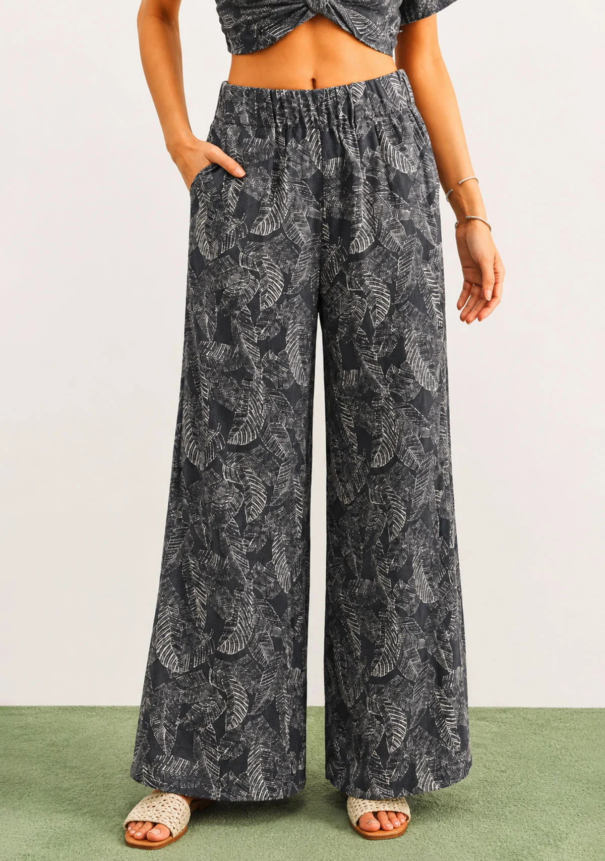 Leaf Print Faded Effect Pants Navy - Image 3
