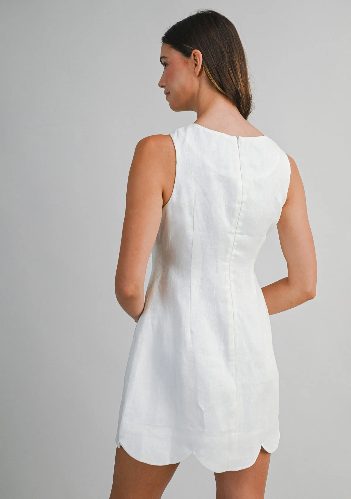 Linen Scallop Hem Mini Dress Off White - Image 4