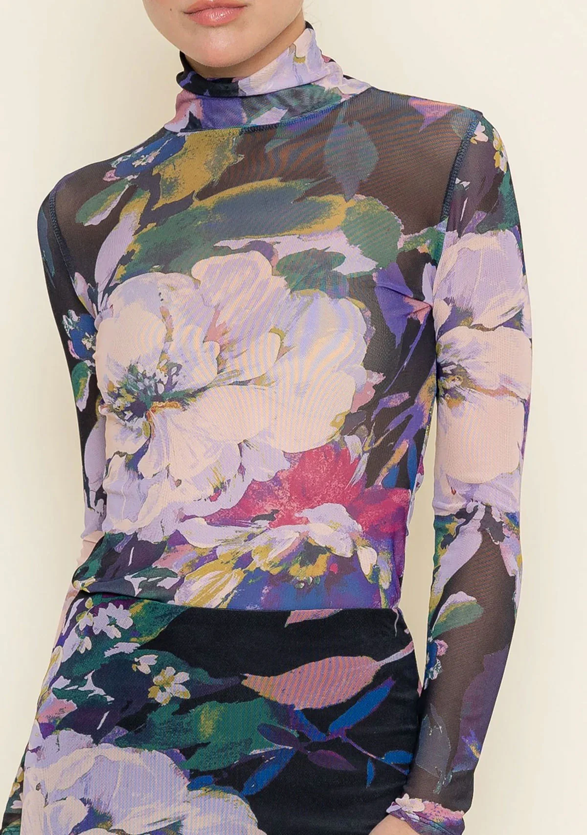 Mock Neck Long Slv Mesh Print Top - Image 2