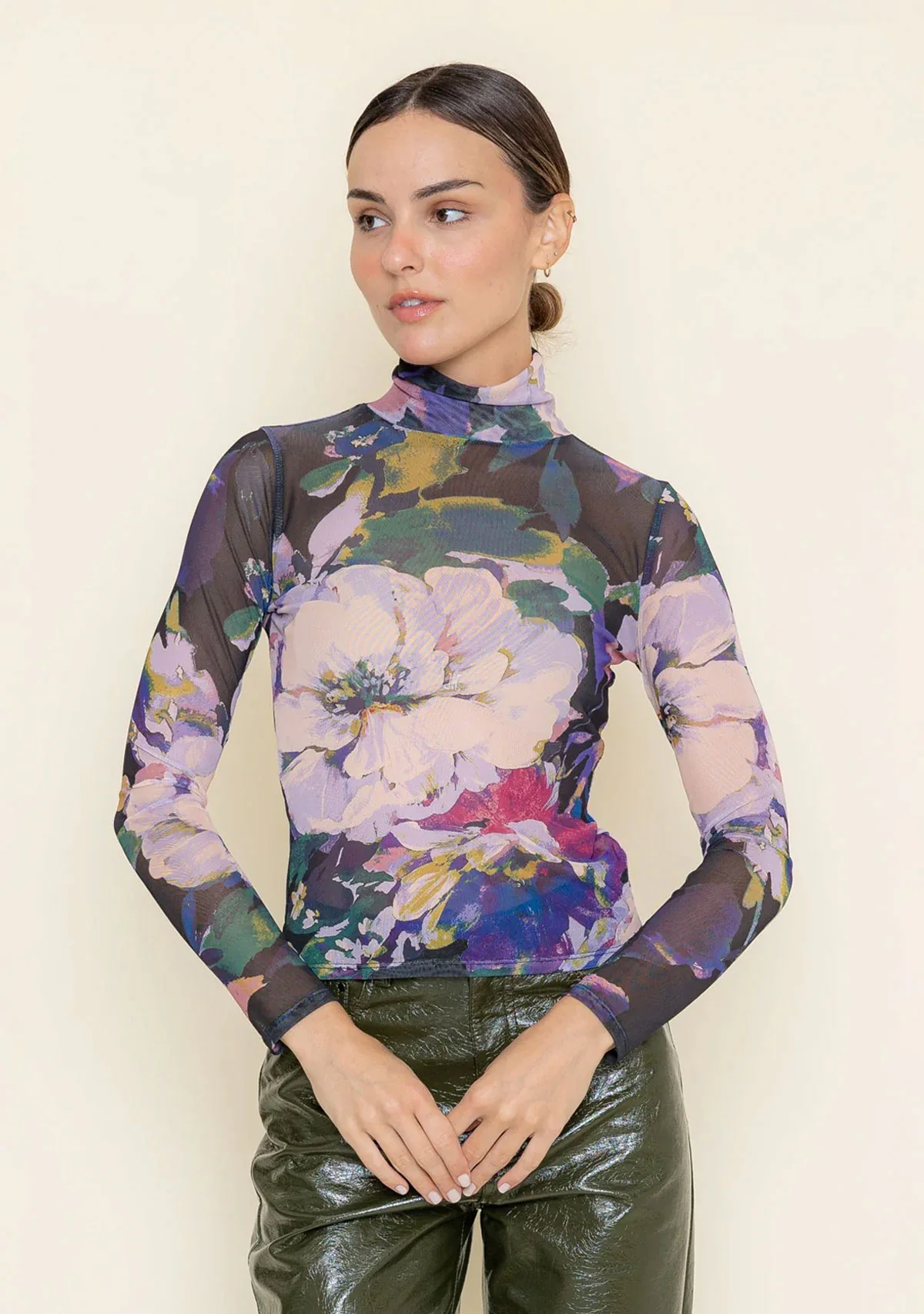 Mock Neck Long Slv Mesh Print Top - Image 3