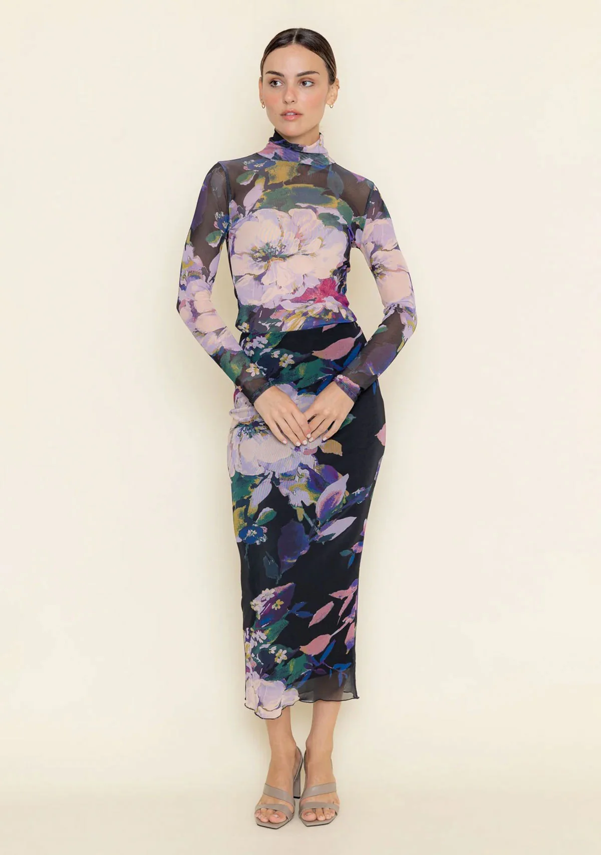 Mock Neck Long Slv Mesh Print Top - Image 4