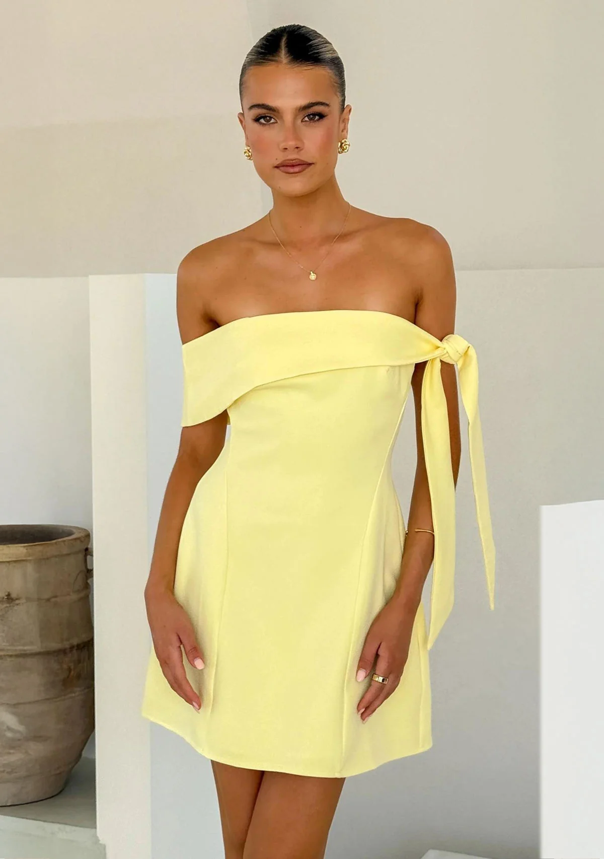 Off Shoulder Tie Mini Dress Lemon - Image 2