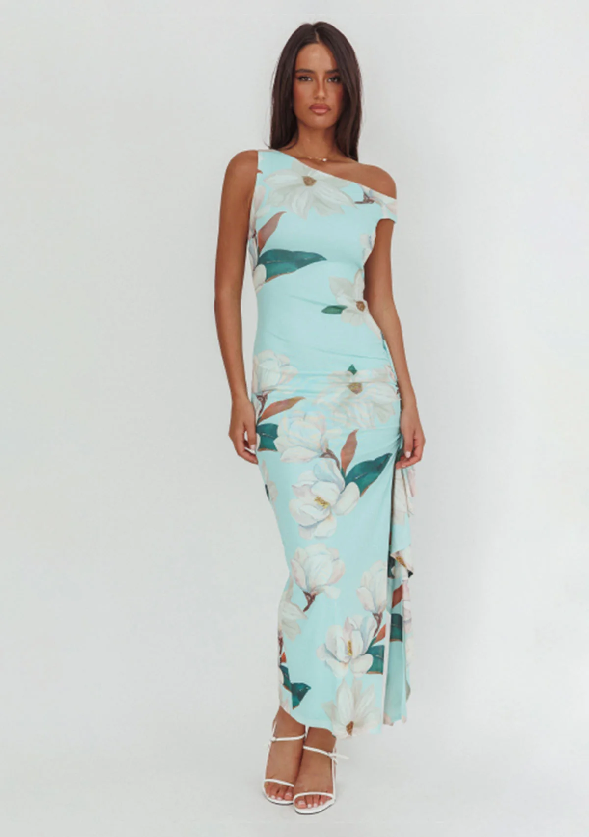 One Shoulder Floral Maxi Dress Mint Print - Image 2
