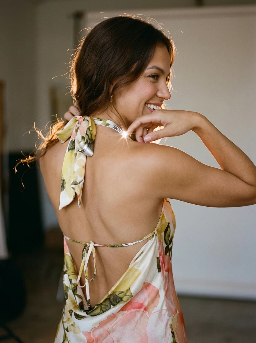 One Side Metal Triming Halter Dress - Image 2