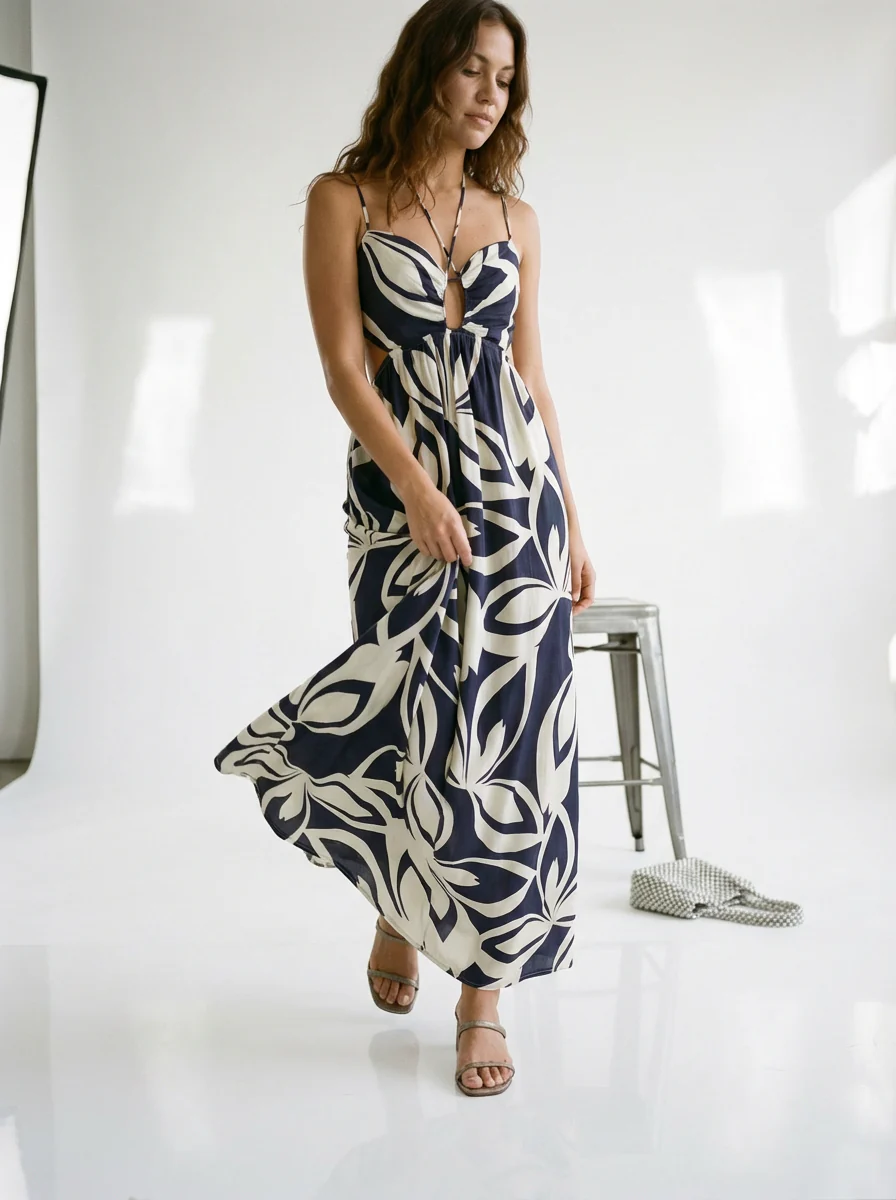 One Side Metal Triming Halter Dress